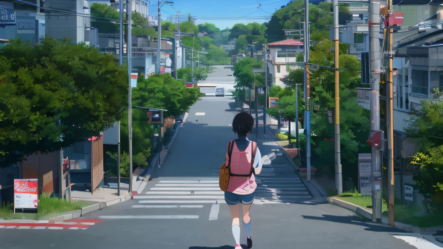 （tmasterpiece，best qualtiy）， intricately details， 8K， art  stations， the wallpaper， offcial art， splashart， tack sharp focus，anime girl with a backpack walking down a street, in the style of makoto shinkai, Shinkai Makoto style, Makoto Shinkai's style, forest city streets behind her, Makoto Shinkai. —h 2160, kyoto animation still, in style of kyoto animation, anime film still, your name movie style, tokyo anime anime scene