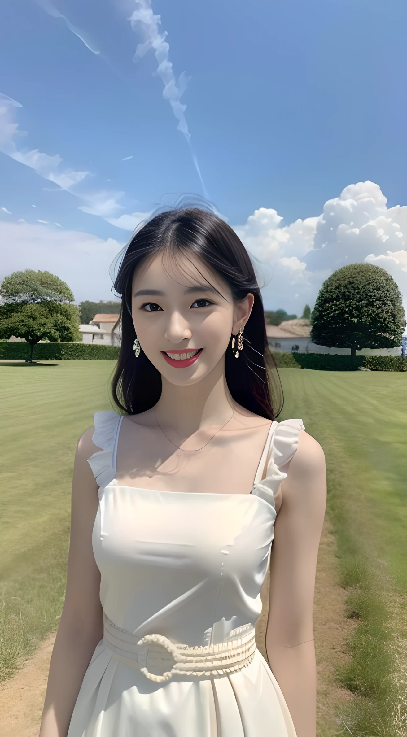 A young and beautiful,Beautiful cute girl，half-body photo。Extremely beautiful and delicate，Black color hair，A sweet smile，Delicate and beautiful fair skin，Realistic and realistic，exquisite and complete facial features，Detailed depiction of the face，tall nose bridge，Smooth hair，Pink lips，extremely detail hair，Feminine temperament，with a well-proportioned body，Realiy，White teeth，Tied up with hair，Hyper-realism，sandals，Extreme picture quality,Highest precision,Precise and perfect human anatomy。with blue sky and white clouds，rays of sunshine，(sleevelessdress)（telephoto shot，）Express the landscape，In the countryside，Highlight portrait。Wearing earrings，Sideways photo