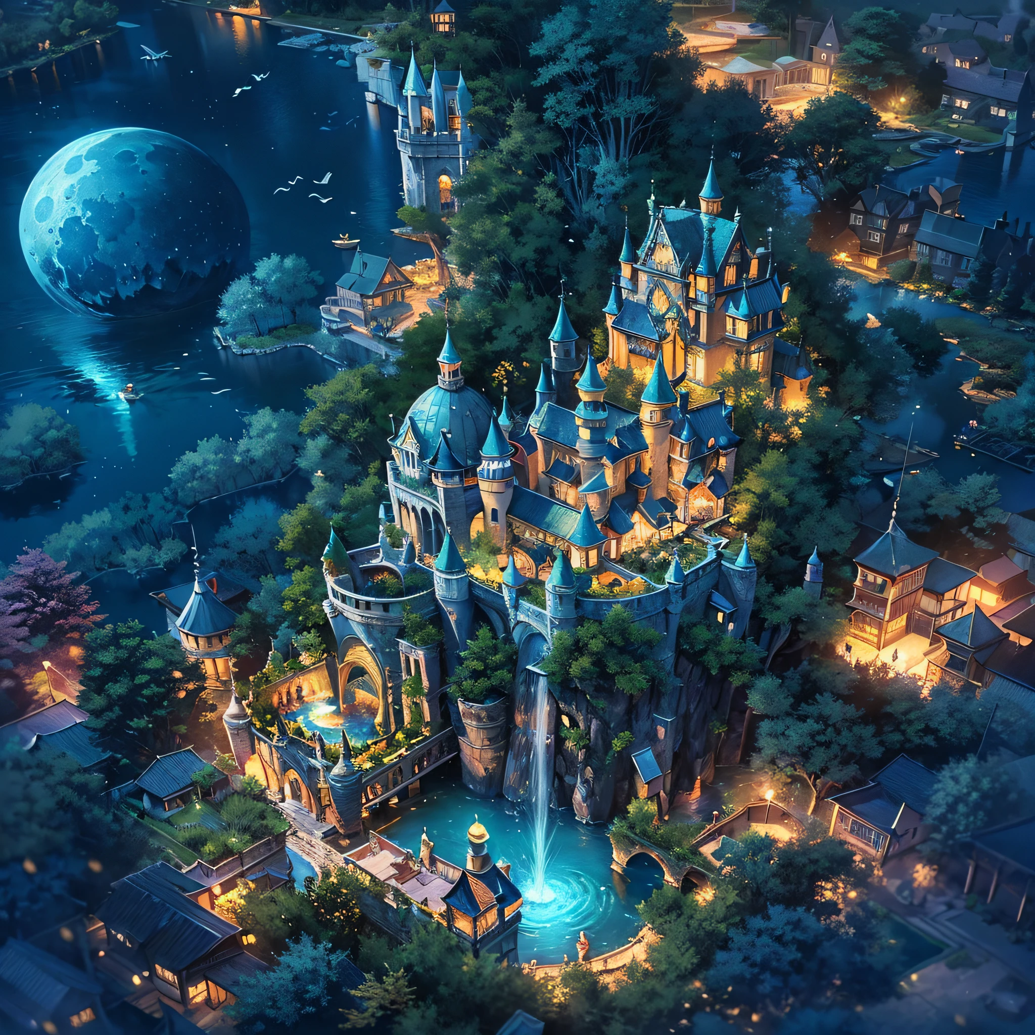 (an artist's design of a floating Castle on the floating the land and Forest and Fountain in the air)1.4, bird's-eye view, scenery, azure moon, night view, Starry night, no humans, a fantastic magical world, (Best quality), (masterpiece:1.3), (photorealistic:1.36), (realistic), ultra-detailed,, detail background,