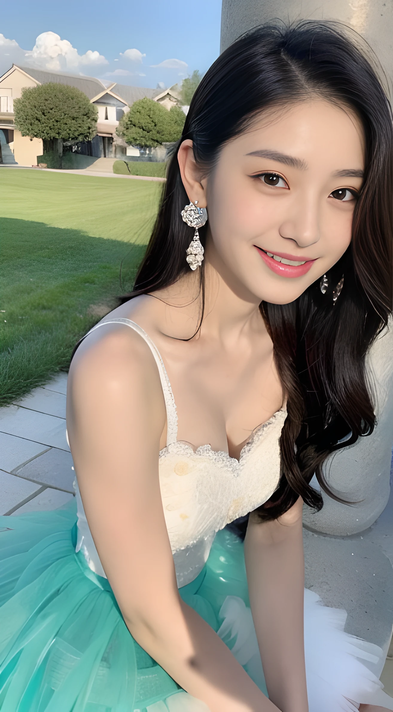 A young and beautiful,Beautiful cute girl,half-body photo。Extremely beautiful and delicate,Black color hair,A sweet smile,Delicate and beautiful fair skin,Realistic and realistic,exquisite and complete facial features,Detailed depiction of the face,tall nose bridge,Smooth hair,extremely detail hair,Feminine temperament,with a well-proportioned body,Realiy,White teeth,Tied up with hair,Hyper-realism,sandals,Extreme picture quality,Highest precision,Precise and perfect human anatomy。with blue sky and white clouds,rays of sunshine,(Tutu dress)(telephoto shot,)Express the landscape,Bathroom scene,Highlight portrait。Wearing earrings,Sideways photo