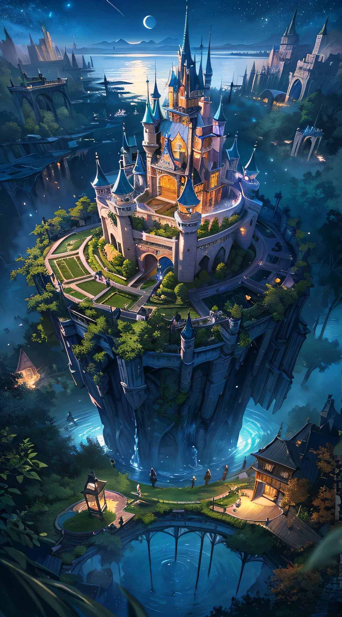 (an artist's design of a floating Castle on the floating the land and Forest and Fountain in the air)1.4, bird's-eye view, scenery, azure moon, night view, Starry night, no humans, a fantastic magical world, (Best quality), (masterpiece:1.3), (photorealistic:1.36), (realistic), ultra-detailed,, detail background,