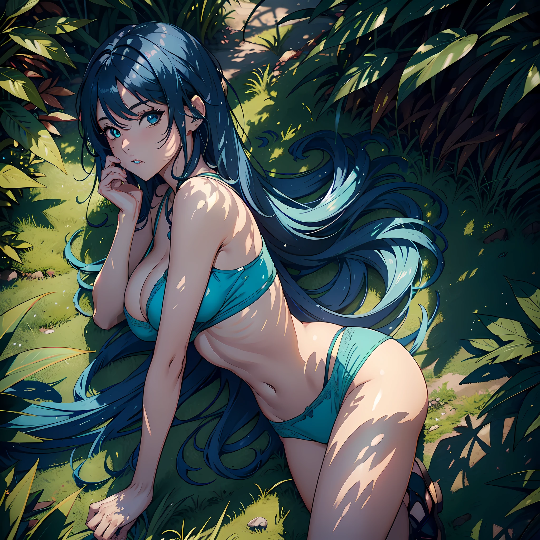 "(1 mulher bonita), sedutora, cabelo azul, olhos verde, Camisa transparente, (Estilo anime 8k), (imagem ultra detalhada), (corpo meticulosamente detalhada, with amazing textures and shadows), cama"