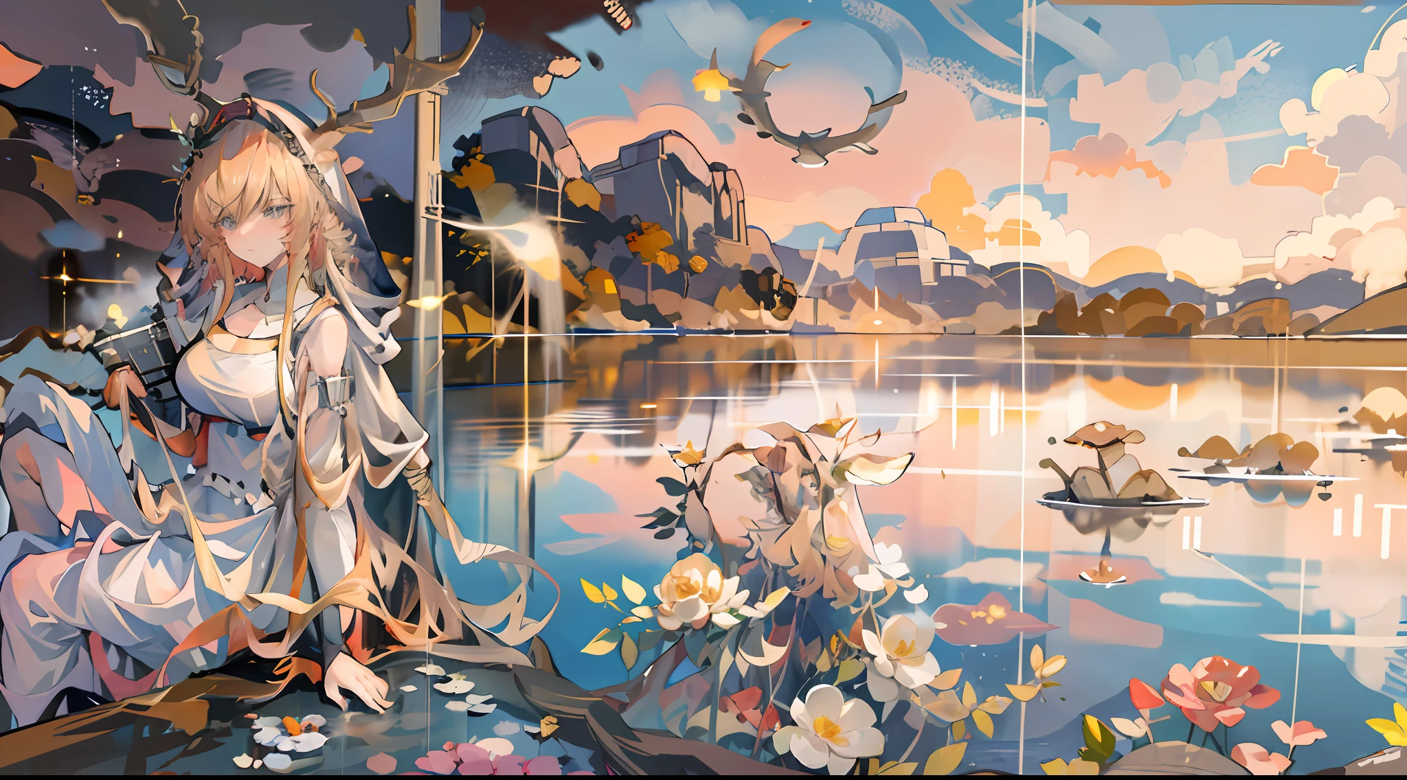 anime big breast,1个Giant Breast Girl,Calm expression,mesmerizing eyes,Naturally curly blonde hair,Flowing skirt,A calm posture,Porcelain-like skin,Subtle blush,Crystal Pendant BREAK Prime Time,(edge lit):1.2,a warm color palette,sunflare,soft shade,vivd colour,painterly effect,Fantastic atmosphere BREAK scenic lake,Far Mountain,willowy,Calm water surface,Reflectors,Sunlit clouds,tranquil ambiance,Idyllic sunsets,ultra - detailed,offcial art,统一 8k 壁纸