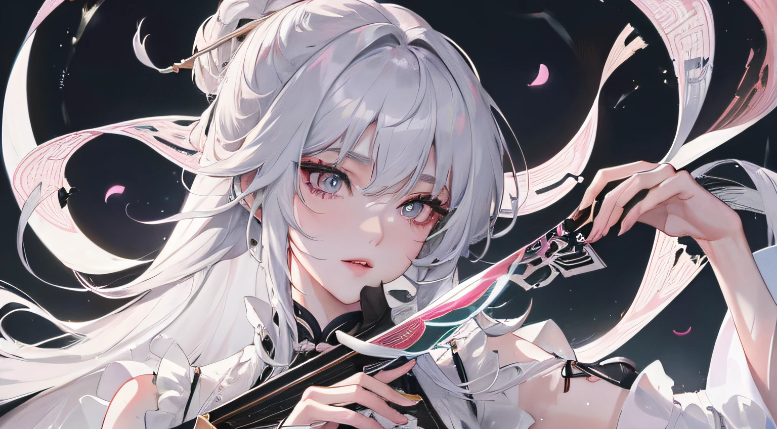 8K, Masterpiece, Best quality, Night, full moon, 1 girl, Chinese style, Chinese architecture, Mature woman, sister, Silver white long haired woman, Long hair, Light pink lips, calm, logical, bangs, Gray pupils, assassins, Fan, Knife fan, petal dancing, Delicate face,