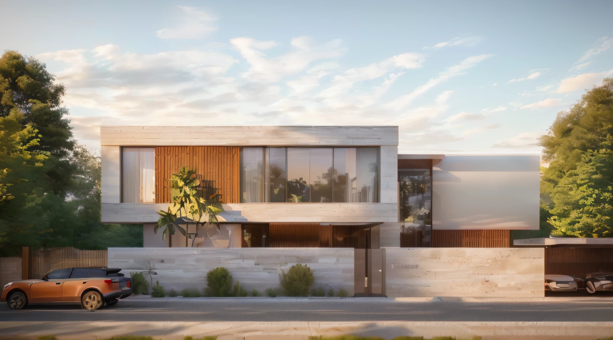 Beautiful casa Moderna, a rendering of a modern villa with big glass windows, very realistic 3d render, 3 d vray render , red concrete, facade elevation view, professional render, high quality render, Red plaster PRB texture, red marble PRB 16k textured, asphalt old road, interlock tile walkway, rec marble , Ray tracing, reflecting on glass,(translucent white glass),contemporary minimalist style