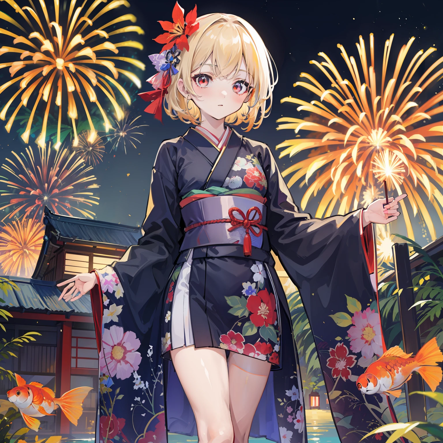 Lumia in Kimono, masutepiece, Fine detail, 4K, 8K, 12K, Solo, Alone, Beautiful Girl, caucasian female, Black yukata、 red eyes、Yukata, Kimono, Summer festival, Night, Fireworks、Being in the water、A lot of goldfish