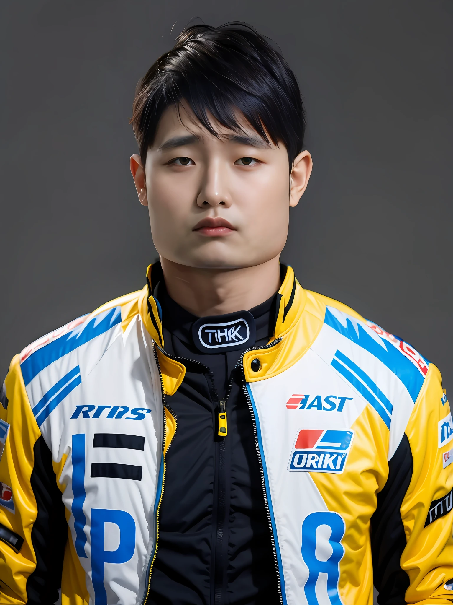 A man wearing Lin Zhiying's racing suit,punky style
