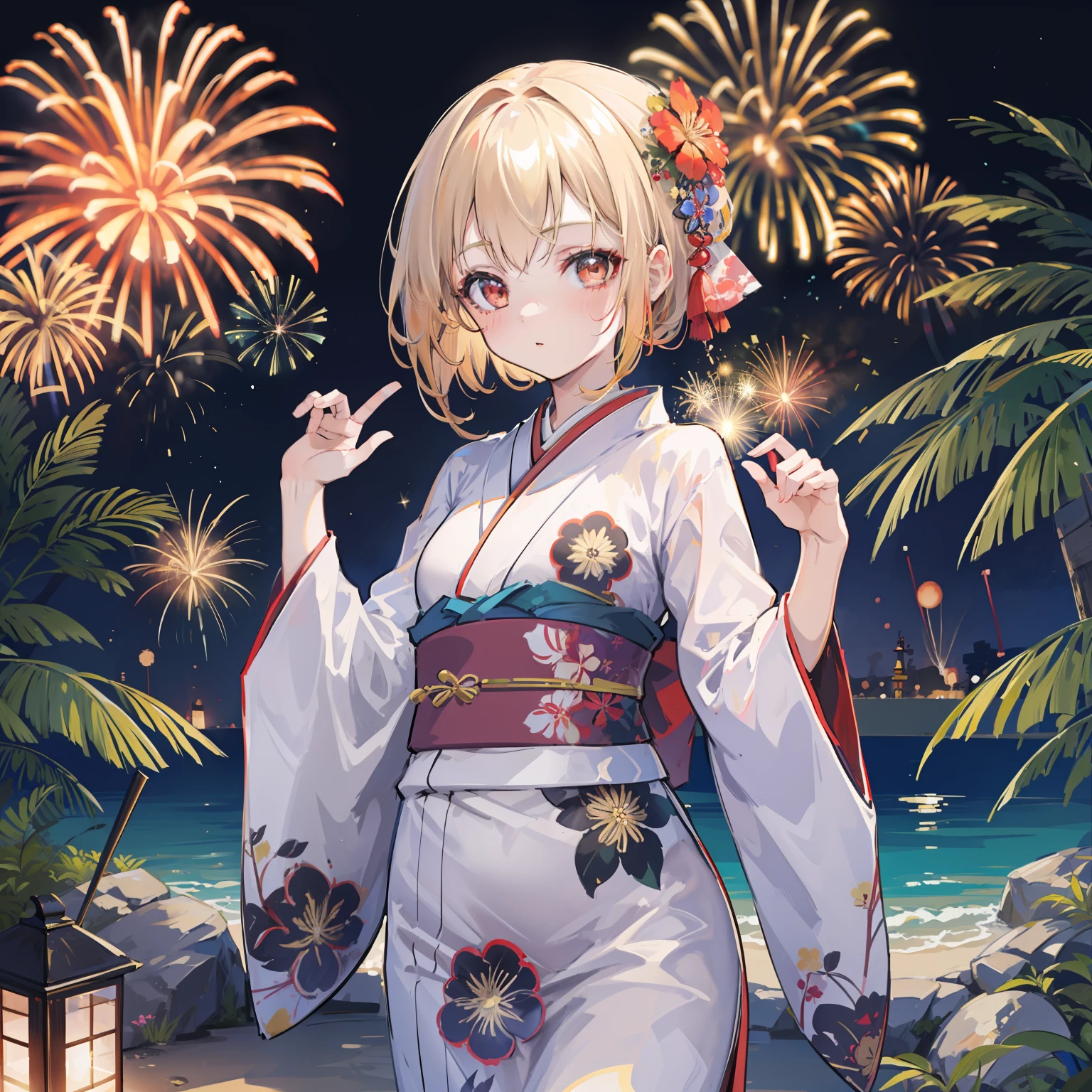 Lumia in Kimono, masutepiece, Fine detail, 4K, 8K, 12K, Solo, Alone, Beautiful Girl, caucasian female, Black yukata、 red eyes、Yukata, Kimono, Summer festival, Night, Fireworks、Being in the water、A lot of goldfish