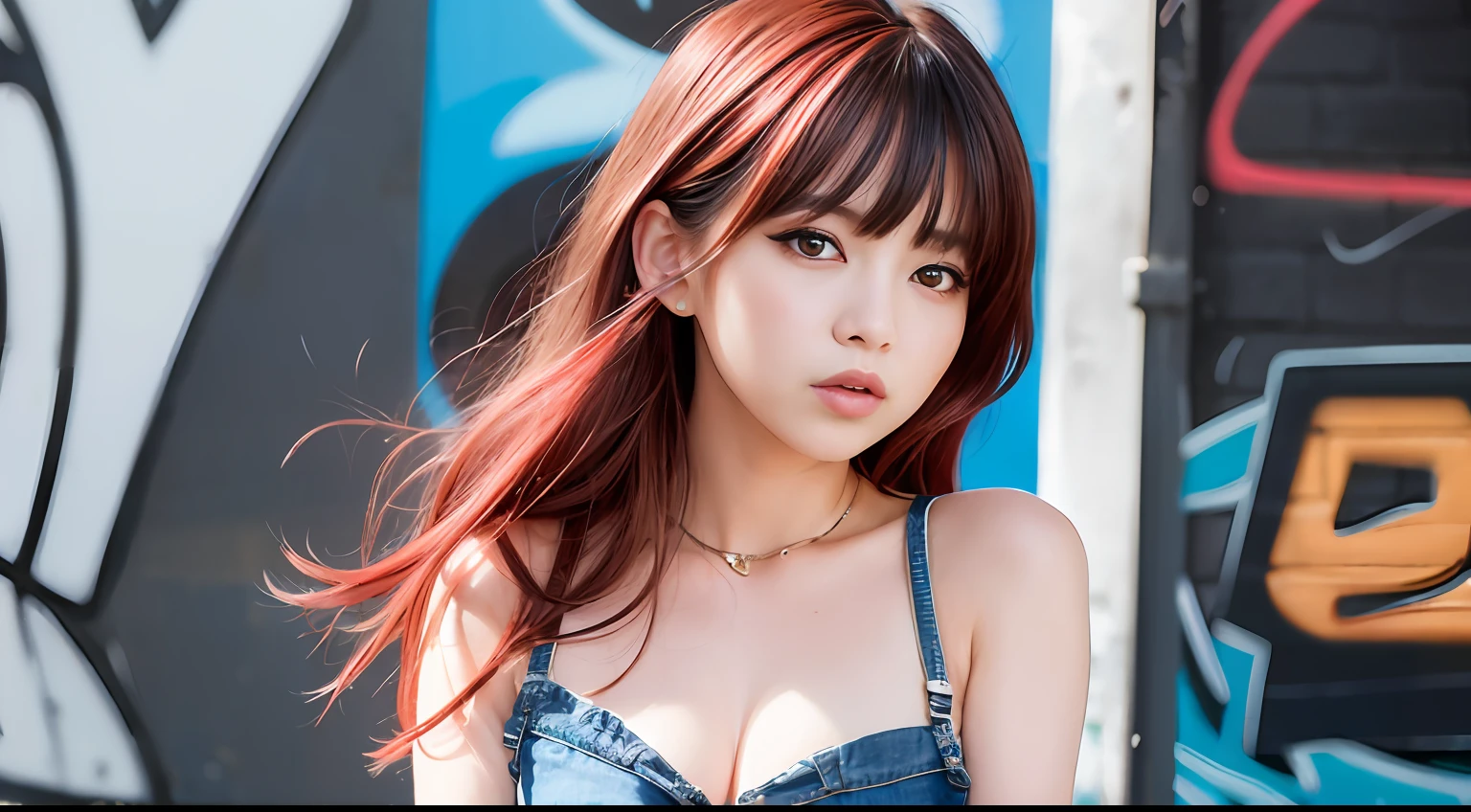 (top-quality、amazing detailed:1.4)、masterpiece、Original Characters、Natural volume lighting and best shadows、Deep Depth Of Field、foco nítido、Portrait of amazingly beautiful ite girl、full bodyesbian、alluring yellow eyes、Sharp eyeliner、seducting smile、Windswept disheveled brown hair、Medium twin-tailed hairstyles with thick layers、Blush eyeshadow with thick eyelashes、cparted lips、Open Furry Court、Denim Short Dress、(Messy painted body:1.05)、(Graffiti mural wall background:1.15)、Old industrial area、(Ruined Street Crossword:1.2)、、Picturesque、shorth hair、((red blush))、in her 20s
