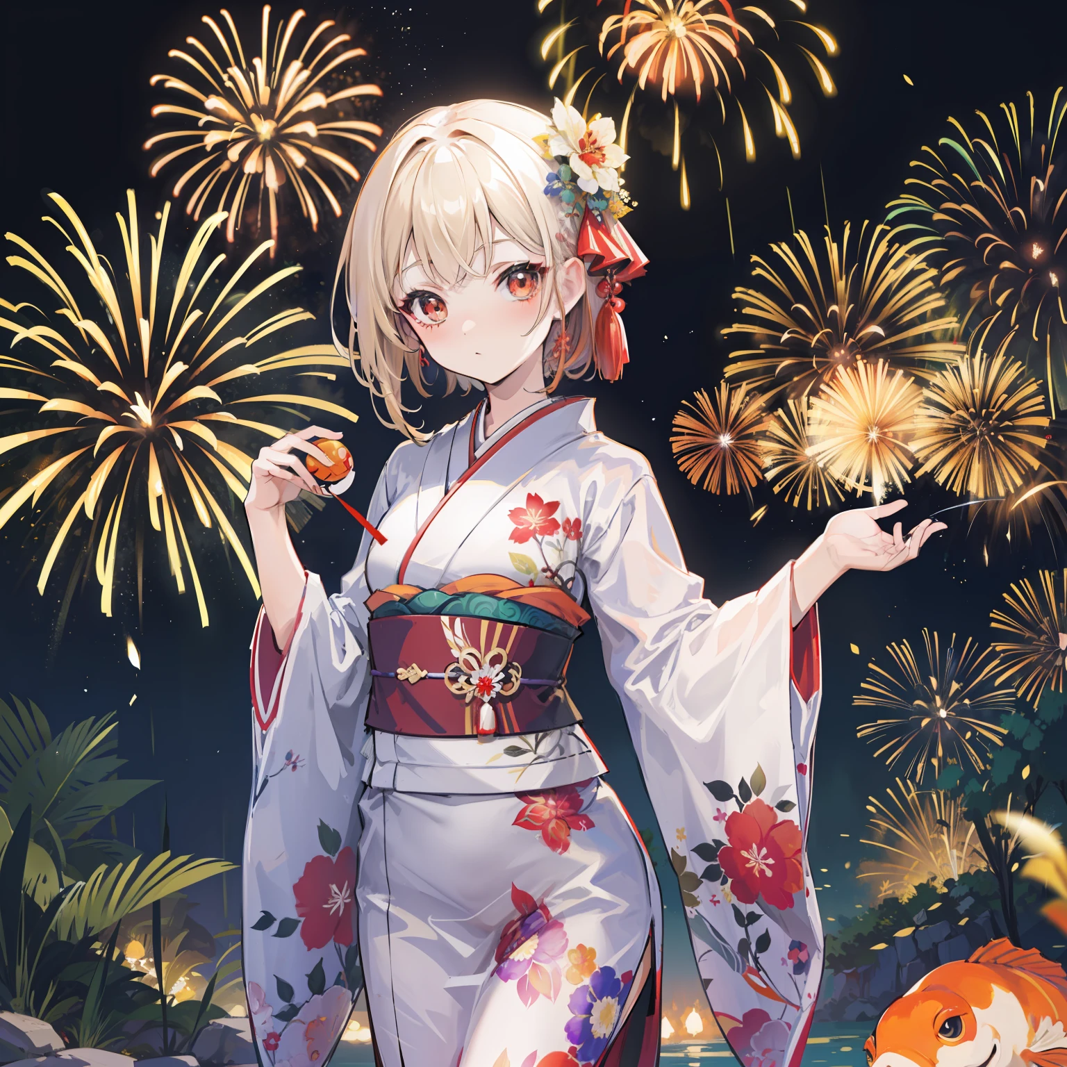 Lumia in Kimono, masutepiece, Fine detail, 4K, 8K, 12K, Solo, Alone, Beautiful Girl, caucasian female, Black yukata、 red eyes、Yukata, Kimono, Summer festival, Night, Fireworks、Being in the water、A lot of goldfish