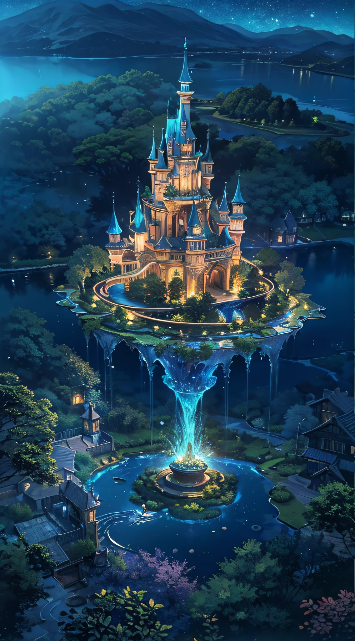 (an artist's design of a floating Castle on the floating the land and Forest and Fountain in the air)1.4, bird's-eye view, scenery, azure moon, night view, Starry night, no humans, a fantastic magical world,  (Best quality), (masterpiece:1.3), (photorealistic:1.36), (realistic), ultra-detailed,, detail background,