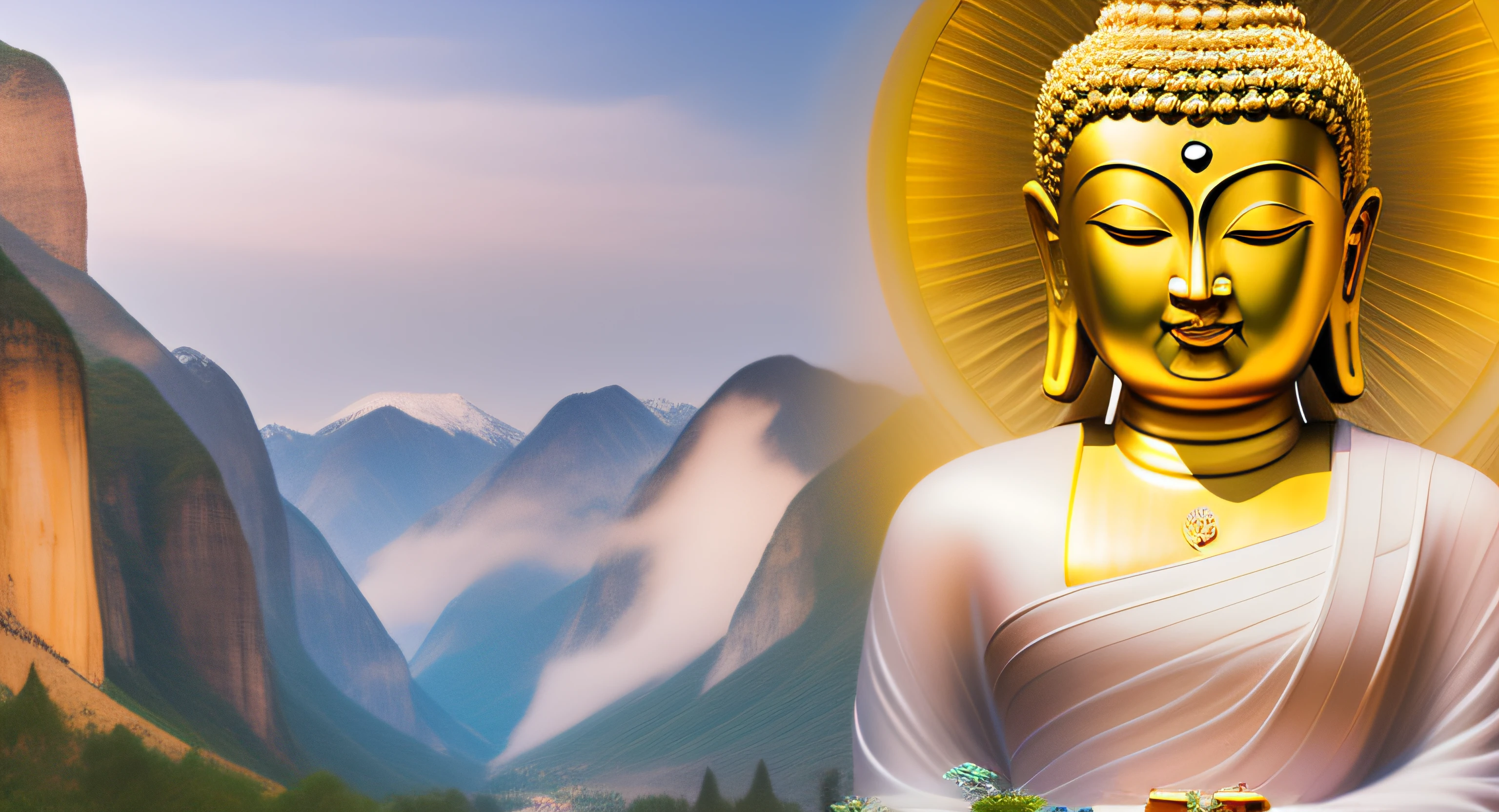 Buddha statue in front of the mountains,The background is the valley, Buddhism, Buddhist, a Buddhist Buddha, On the road to enlightenment, On the road to enlightenment, Buddha, Spiritual enlightenment, The Hindu phase of meditation, enlightening, Beautiful image, floating in a powerful zen state, Banner, imagem de qualidade alta, buddhist art, Highlight, samsara, beautiful high resolution