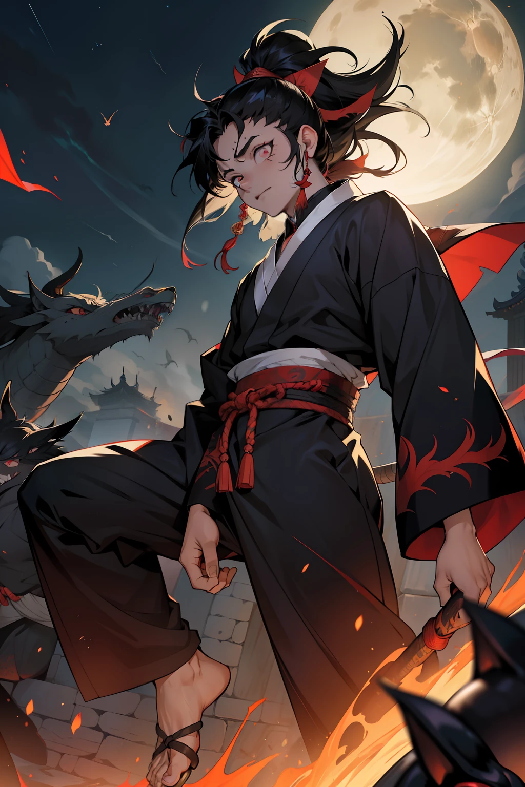 ((melhor qualidade)), ((obra-prima)), (altamente detalhado:1.3) homem musculoso  com chifresdemoniaco usando um ono rasgado, Long and messy black hair, chifres de demonio oni, Japanese demon, - Olhos Vermelhos, Cabelso Verdes, segurando adagas de ossos, homem musculoso e forte, pale with cruel and monstrous appearance, macabro, with a destroyed temple in the background at night, chifres, pale skinned, chifres de demonio, dentes ponteagudos, rosto com tatuagens, chifres de demonio, Naraku Mixture Appearance (inuyasha) com akaza (kimetsu no yaiba) com chifres grandes, garras gigantes, dragon tailed
