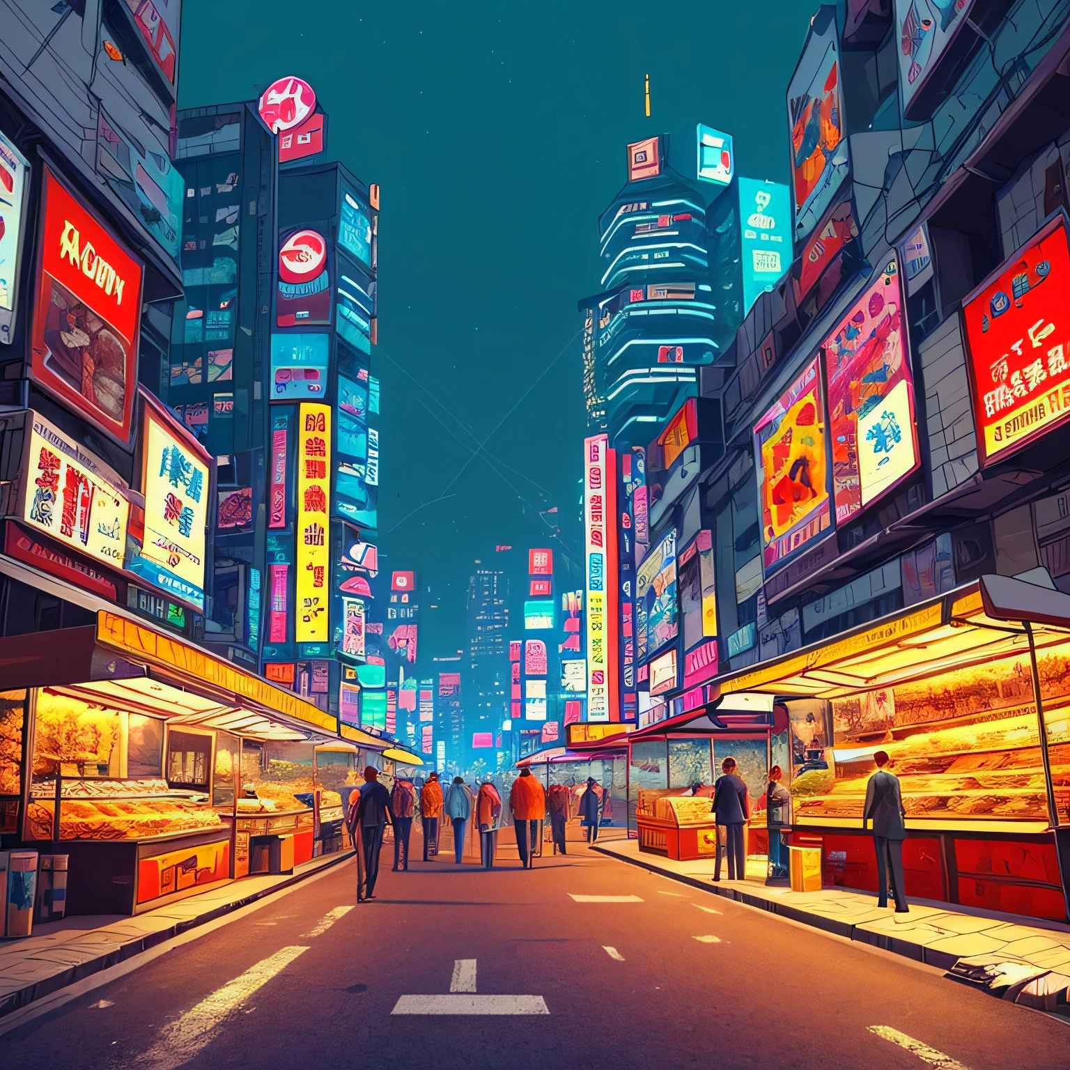 cyberpunk street, 2D, one side view, (pixel art), vendors, pixelated, street food japanese, night at rain