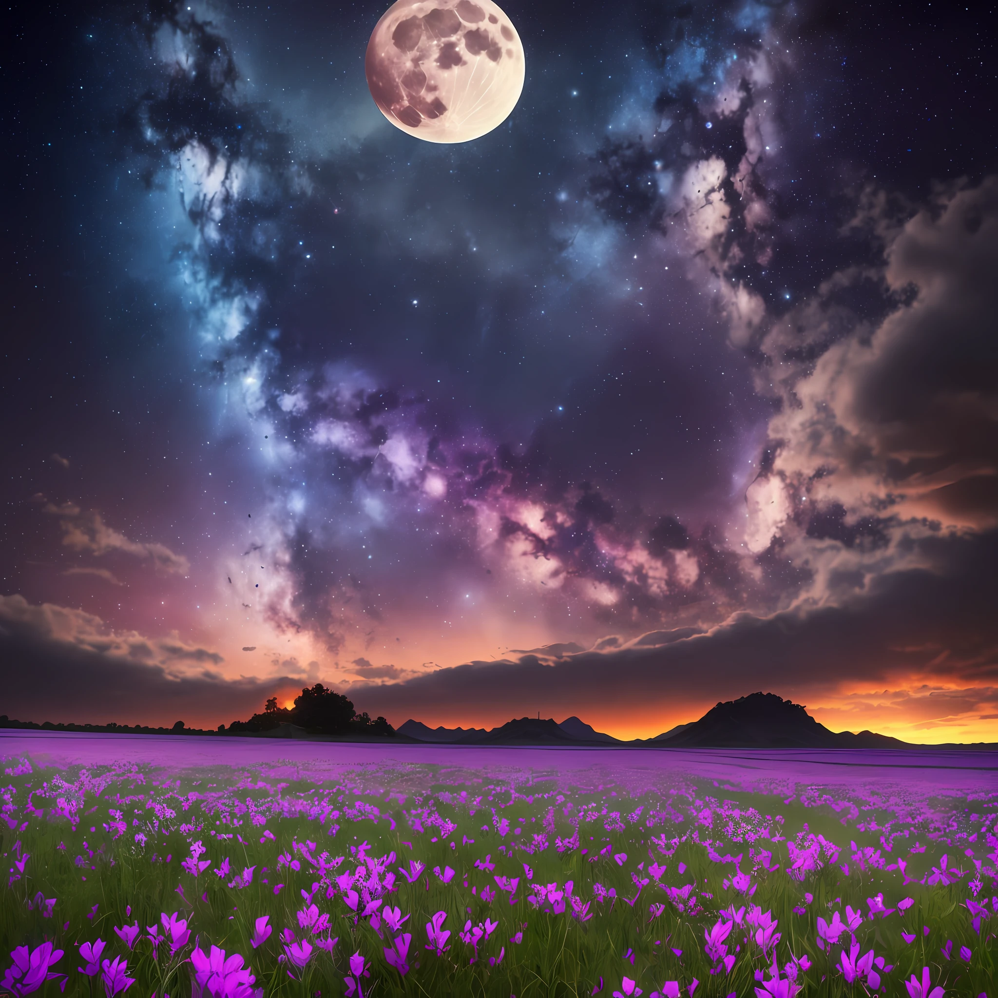 expansive landscape photograph , (a view from below that shows sky above and open field below), a girl standing on flower field looking up, (full moon:1.2), ( shooting stars:0.9), (nebula:1.3), distant mountain, tree BREAK production art, (warm light source:1.2), (Firefly:1.2), lamp, lot of purple and orange, intricate details, volumetric lighting, realism BREAK (masterpiece:1.2), (best quality), 4k, ultra-detailed, (dynamic composition:1.4), highly detailed, colorful details,( iridescent colors:1.2), (glowing lighting, atmospheric lighting), dreamy, magical, (solo:1.2) --auto --s2