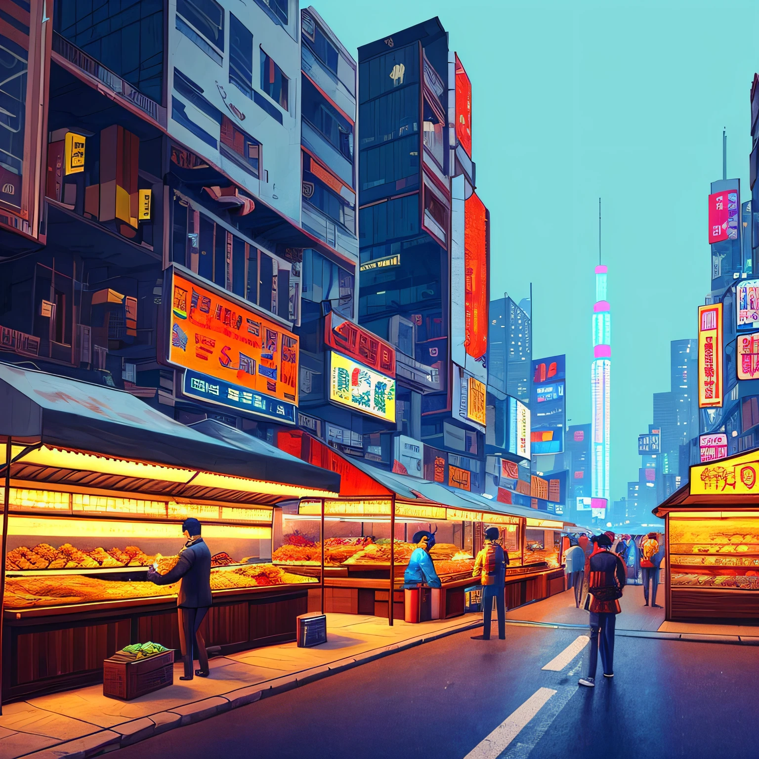 cyberpunk street, 2D, one side view, (pixel art), vendors, pixelated, street food japanese, night at rain