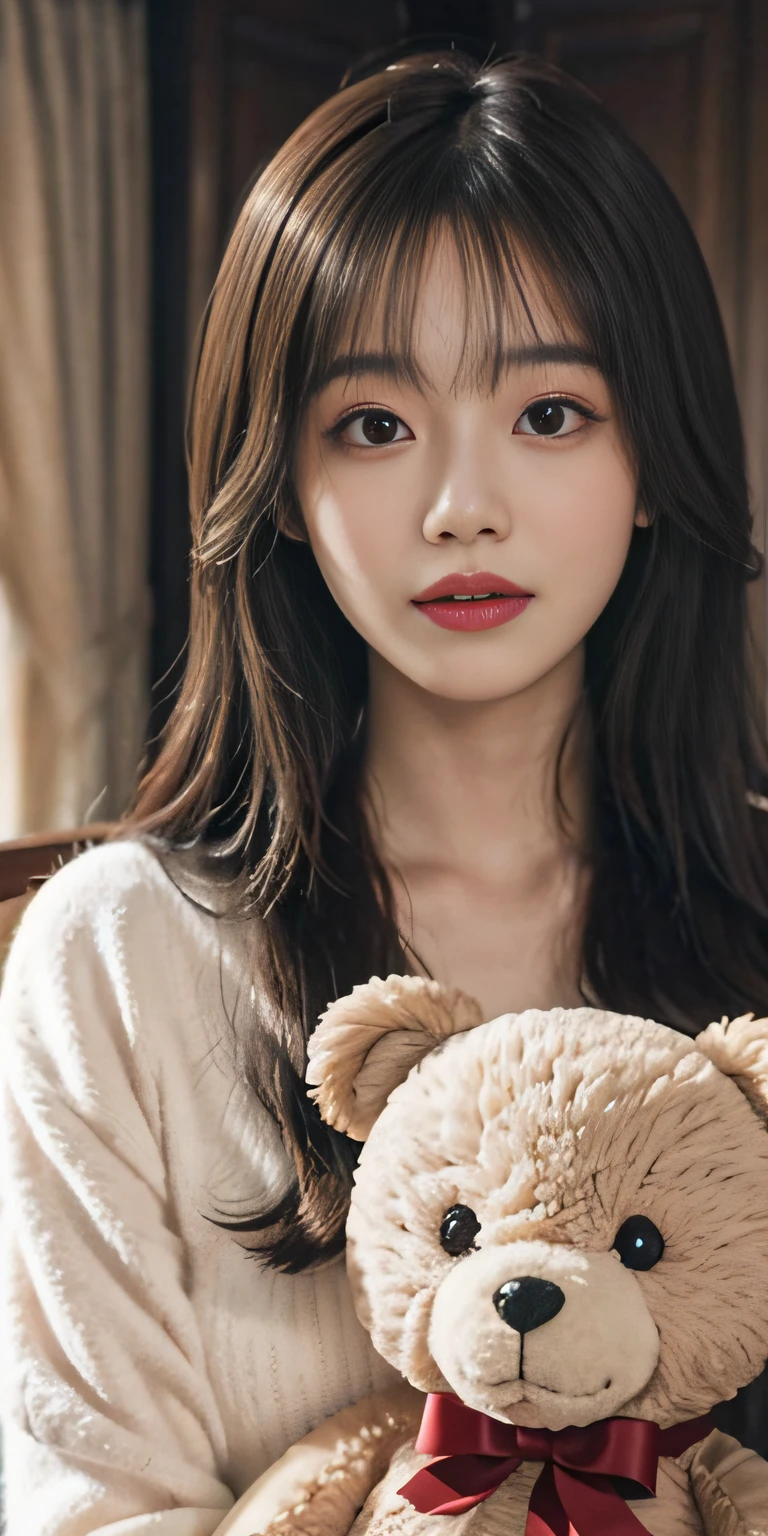1girl walking on the river, mix4, Sweaters, pillow head, Lips, Open_Mouth, Realistic, Photo_\(mediating\), Solo, stuffed_Animal, stuffed_toys, teddy_bear,(Masterpiece),(Fidelity:1.3),ultra - detailed,（Highly detailed skin：1.2），（best qualtiy：1.0），（超高分辨率：1.0），（Ulzzang-6500：0.3），Wavy detail hair，long whitr hair，rays of sunshine，（Beautiful detailed makeup），（Sexually aroused blush，rough breath：1.0 ), Flower theme flower petals scattered, (Soft light blooms:0.5)，Holding the bear cub，((ssmile))