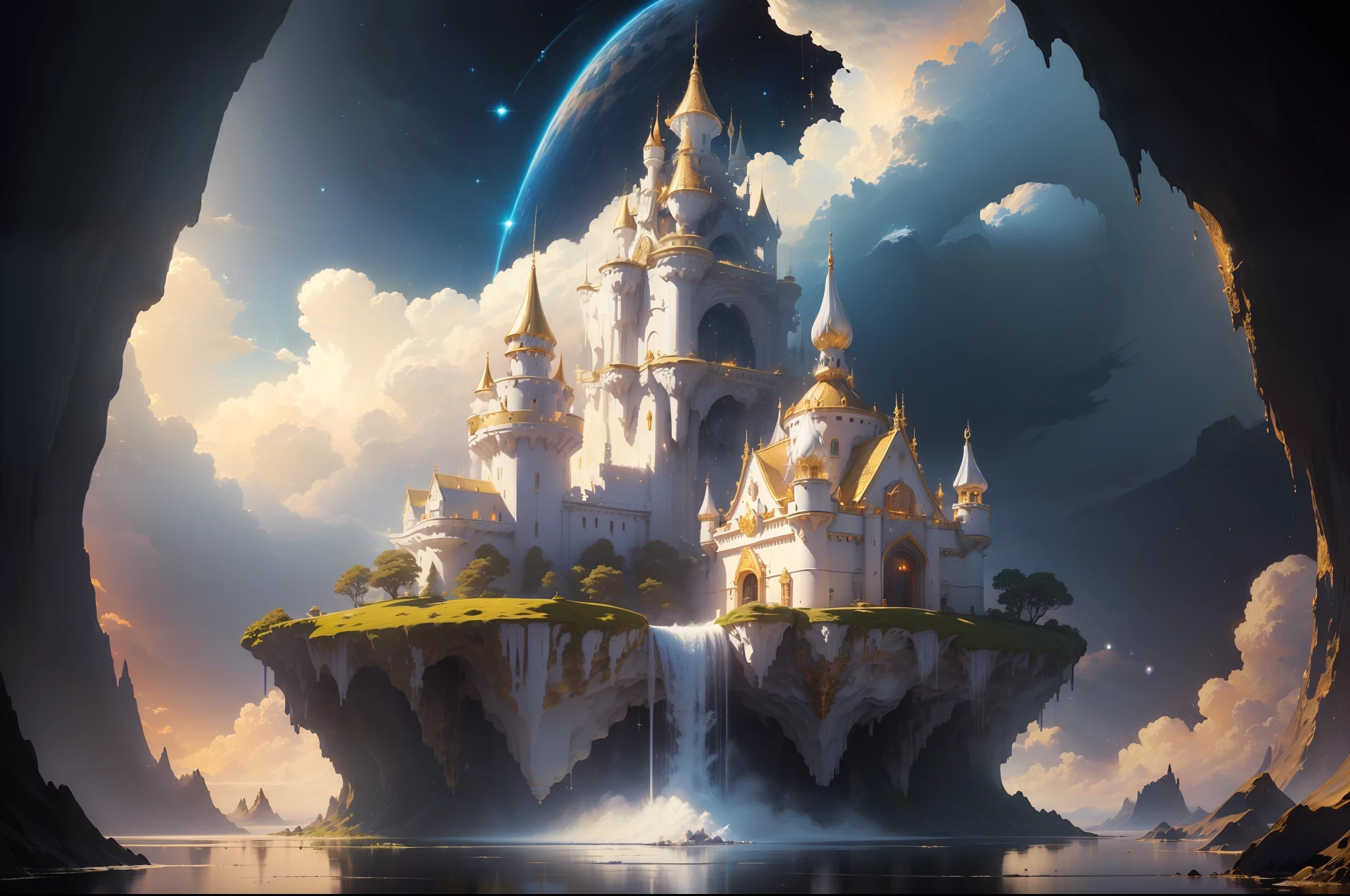 (masterpiece, high resolution, photorealistic:1.4), goergous floating castle, (gold, white), ((waterfall from the floating island)), ((floating)) (clear white walls), perfectly symmetrical, (ultra detailed),ultra high quality, surrounded by glowing planets and moons, glowing stars in the background, (cosmic clouds), (floating bridges), (lights), (elegant, starry night sky)