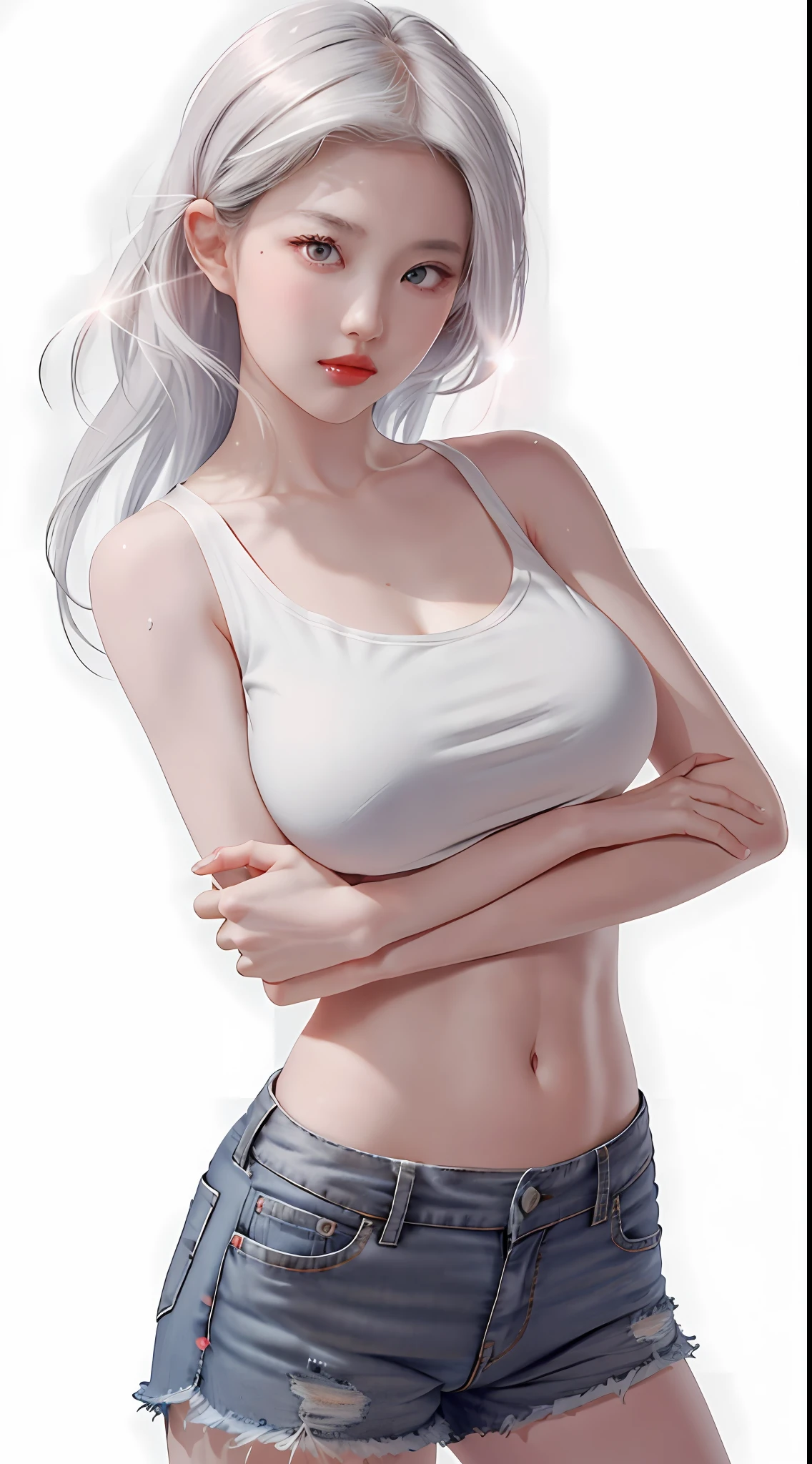 girl, bangs, bare shoulders, black pants, extra huge breasts, breasts squeezed together, gray background, hair between eyes, long hair, view viewer, super short pants, parted lips, red eyes, camisole vest, simple background, sleeveless, sleeveless shirt, solo, , v-arms, white hair, (shiny skin), (masterpiece: 1.4), (best quality: 1.4), ,,, Facigirl, red lips, perfect abs, navel, (:1.5), (transparent areola), , extra huge, sweat，