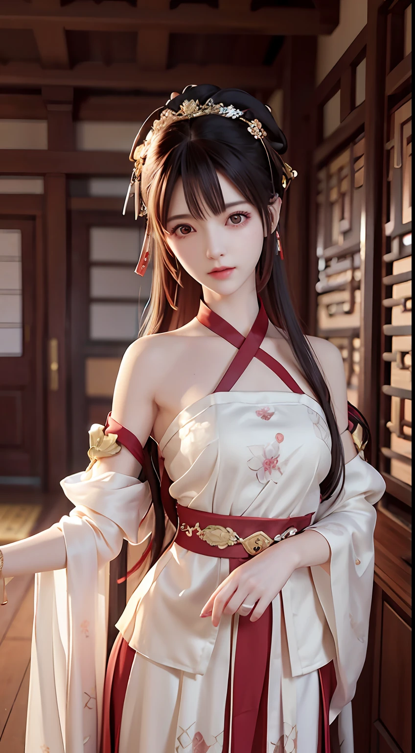JK Maiden，A girl wearing a Japanese girls' school uniform，8K，Extremely high image quality，Cinematic film texture，photorealestic，Eating Japanese food，Nikkei background，depth of fields，Tatami room，Warm lighting，Bow on chest，Qi bangs，Long hair that falls over the shoulder，(Playful eyes)，二重まぶた，Deepening of the tail of the eyes，Lying silkworm，Wear a bracelet on your wrist，Scarlet lips，The lips are shiny and textured，Fine skin texture，Brown sparkling pupils，((((Keep your eyes on the camera))))，Slender fingers，((face round))，(((Small lips)))，Black halterneck hanfu，Small-headed spells(Prompt): （（hyper HD）），Best image quality，8K resolution，Higher quality，Works of masters，Antique peerless beauty bride，Exquisite facial features，Absolutely beautiful，Crystal red lips，ssmile，Nice big eyes，Delicate long eyelashes，Sweet with lying silkworms，鎖骨，Black color hair（（Loose Chinese antique hairstyle，Floral hair ornaments，Wearing a white sheer silk shirt with large sleeves，Glossy，Multi-layer yarn，There is beautiful embroidery，））Skin that is white and red，The picture quality is 8K，best qualtiy，tmasterpiece：1.2），realisticlying，超高分辨率，intricately details， 1girll，beautiful  face，pyjamas，The upper part of the body，standing on your feet，wide wide shot，hyper realistic schoolgirl，hyper realistic schoolgirl，Realistic anime 3 D style，，Smooth anime CG art，3D anime realistic，Beautiful Anime High School Girls，Photorealistic anime，Realistic young anime girl（8K，best qualtiy，tmasterpiece：1.2）sakimichan hdri，pyjamas，Lace，bshoulders，exposed bare shoulders