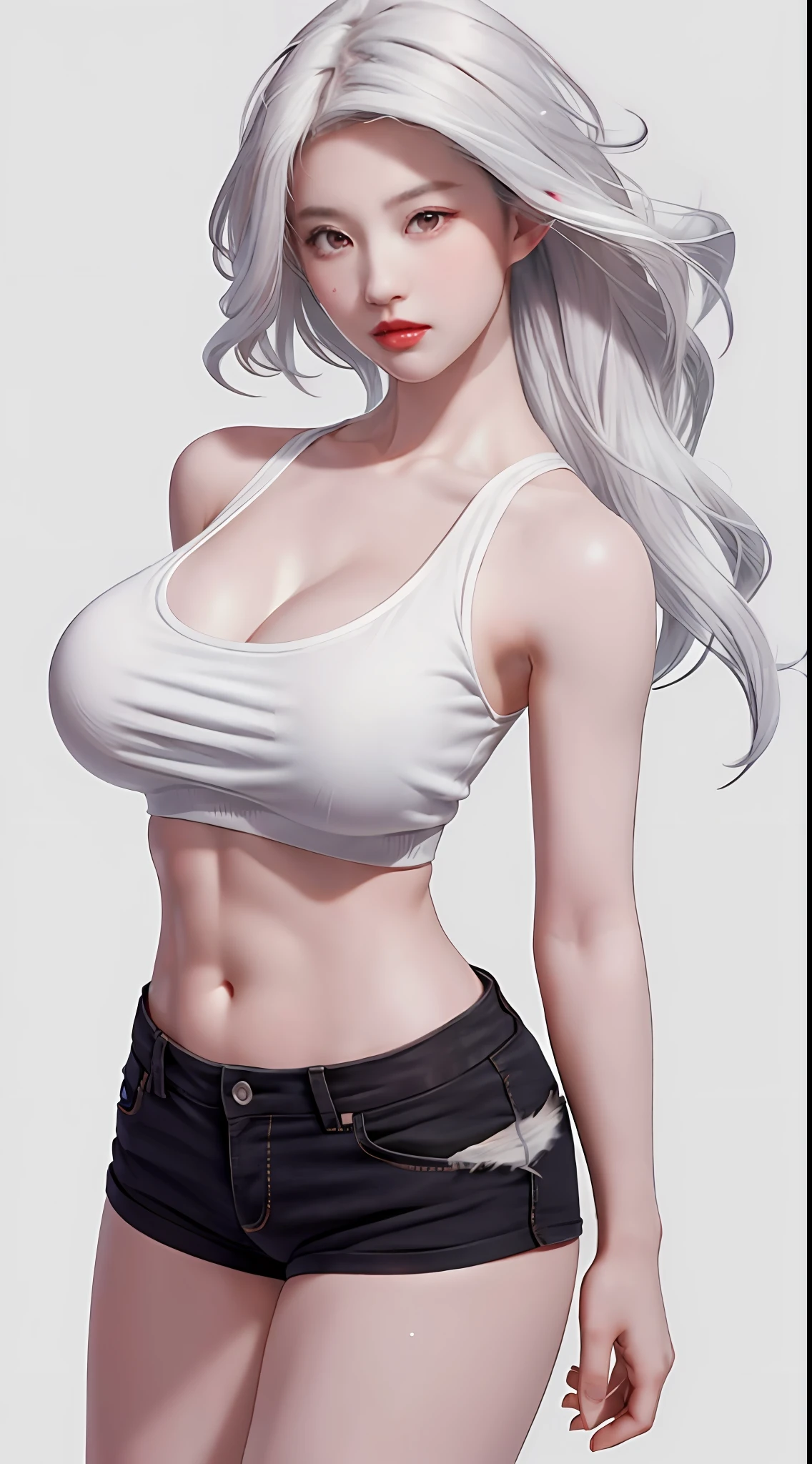 girl, bangs, bare shoulders, black pants, extra huge breasts, breasts squeezed together, gray background, hair between eyes, long hair, view viewer, super short pants, parted lips, red eyes, camisole vest, simple background, sleeveless, sleeveless shirt, solo, , v-arms, white hair, (shiny skin), (masterpiece: 1.4), (best quality: 1.4), ,,, Facigirl, red lips, perfect abs, navel, (:1.5), (transparent areola), , extra huge, sweat,