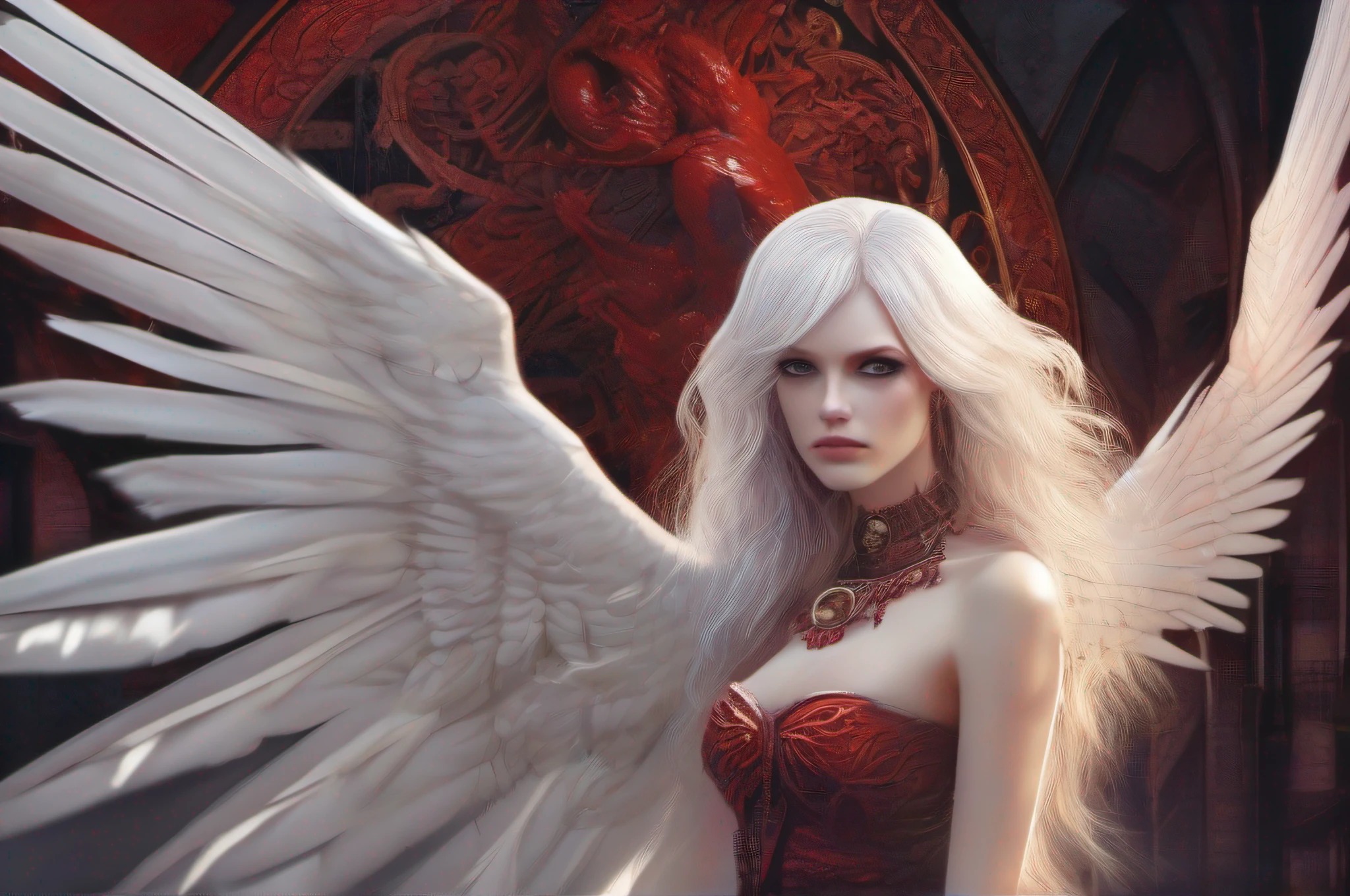 "Behold the crimson-metal red winged woman angel with white hair, piercing crimson eyes, and pale skin standing amidst the twilight. Every detail of this mythical creature has been captured in extreme quality, from the tattooed bodies to the ultra-detailed face, all rendered in ultra HD 8k digital art with unmatched precision and digitality. The dark lightning that surrounds this magnificent being adds to the sense of awe and wonder. This is not just any digital art portrait, but a concept art masterpiece by Greg Rutkowski, also known as artgerm, renowned for his hyperdetailed and intricately detailed gothic art style. The use of triadic colours adds to the fantastical and otherworldly nature of the piece, with intricate details that make it a true splash screen. The complementary colours and intricate details make this fantasy concept art a gothic