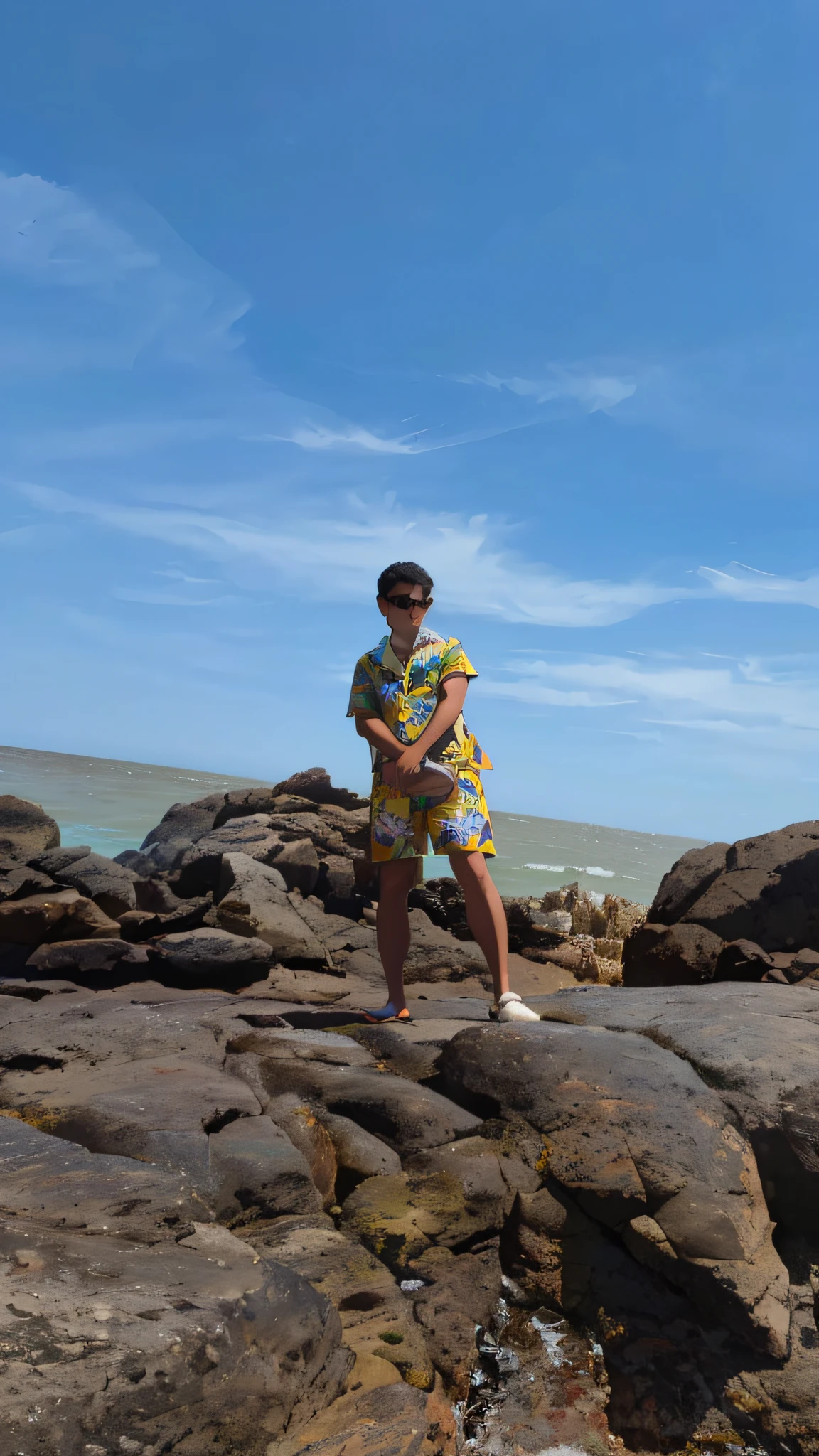 There was a man standing on a rock，Frisbee in hand, with hawaiian shirt, vacation photo, standing on the rock, Have by the sea, Wear a Hawaiian shirt, standing at the beach, posing on a beach with the ocean, standing on the sea side, standing on the rock, the ocean in the background, Standing near the beach, Wearing a Hawaiian dress