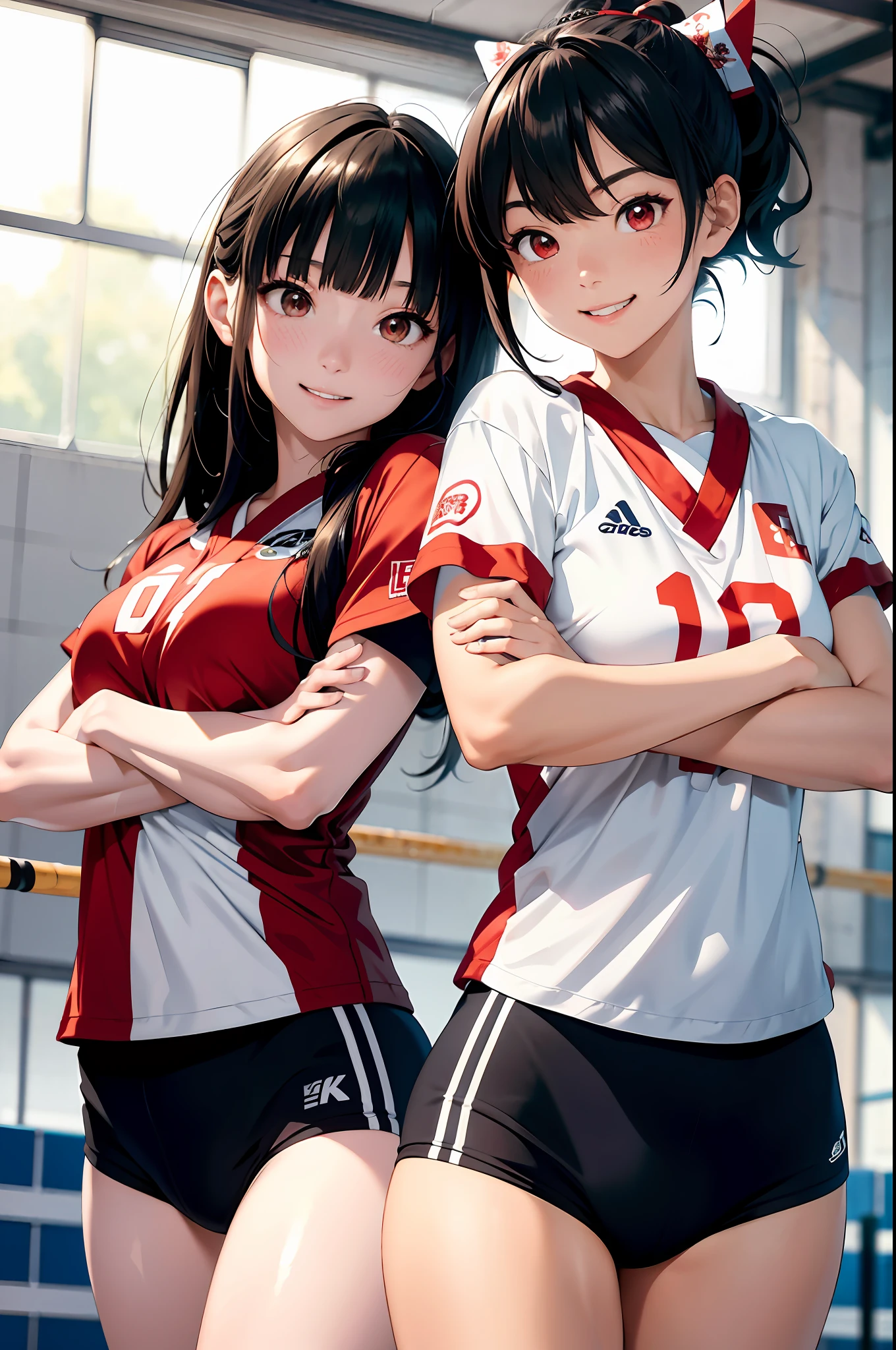 (top-quality、in 8K、32K、masterpiece、nffsw、超A high resolution、Impresionismo、Photorealsitic:1.2)、Full body, Inside the gymnasium、Volleyball Court、beauitful face、blurry backround、16-year-old beautiful girl、shinny skin、bob cuts、Beautiful black hair、Red Eyes、(Hachimaki:1.2)、Volleyball Uniforms、Curve、dynamicposes、Smile with open mouth、Two girls