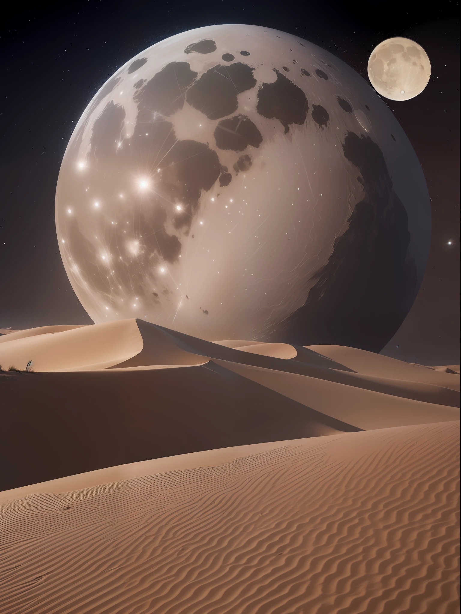 Dunas del desierto en una noche con una gran  luna llena . Pintura digital