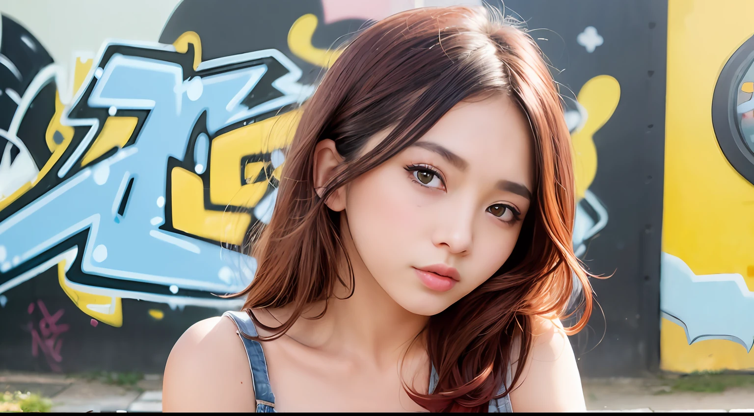 (top-quality、amazing detailed:1.4)、​masterpiece、Original Characters、Natural volume lighting and best shadows、Deep Depth Of Field、foco nítido、Portrait of amazingly beautiful petite girl、full bodyesbian、alluring yellow eyes、Sharp eyeliner、seducting smile、Windswept disheveled brown hair、Medium twin-tailed hairstyles with thick layers、Blush eyeshadow with thick eyelashes、cparted lips、Open Furry Court、Denim Short Dress、(Messy painted body:1.05)、(Graffiti mural wall background:1.15)、Old industrial area、(Ruined Street Crossword:1.2)、、Picturesque、shorth hair、((red blush))、in her 20s