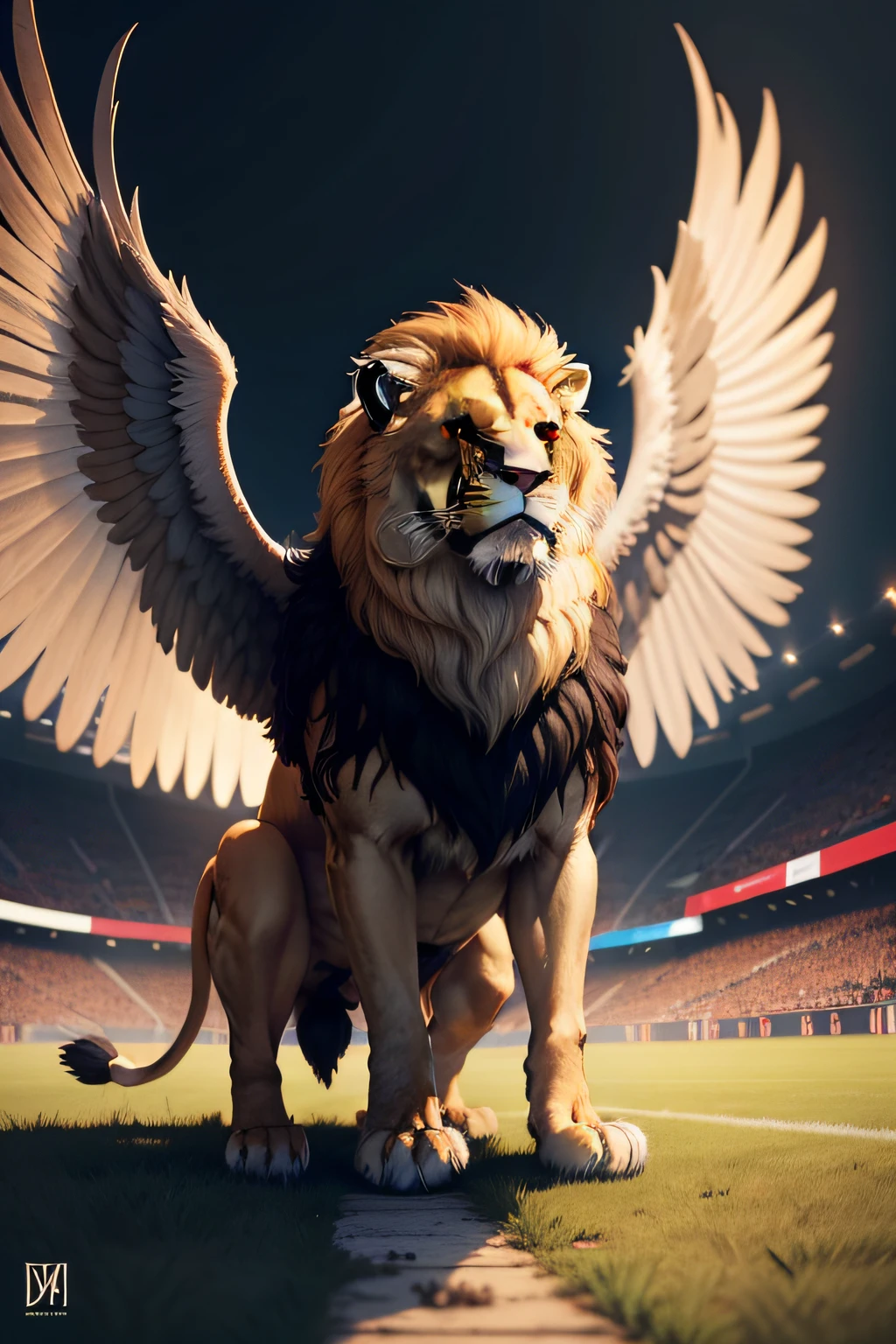 a lion that has three pairs of wings, he's on the sidelines, You can see that he has many wings.
