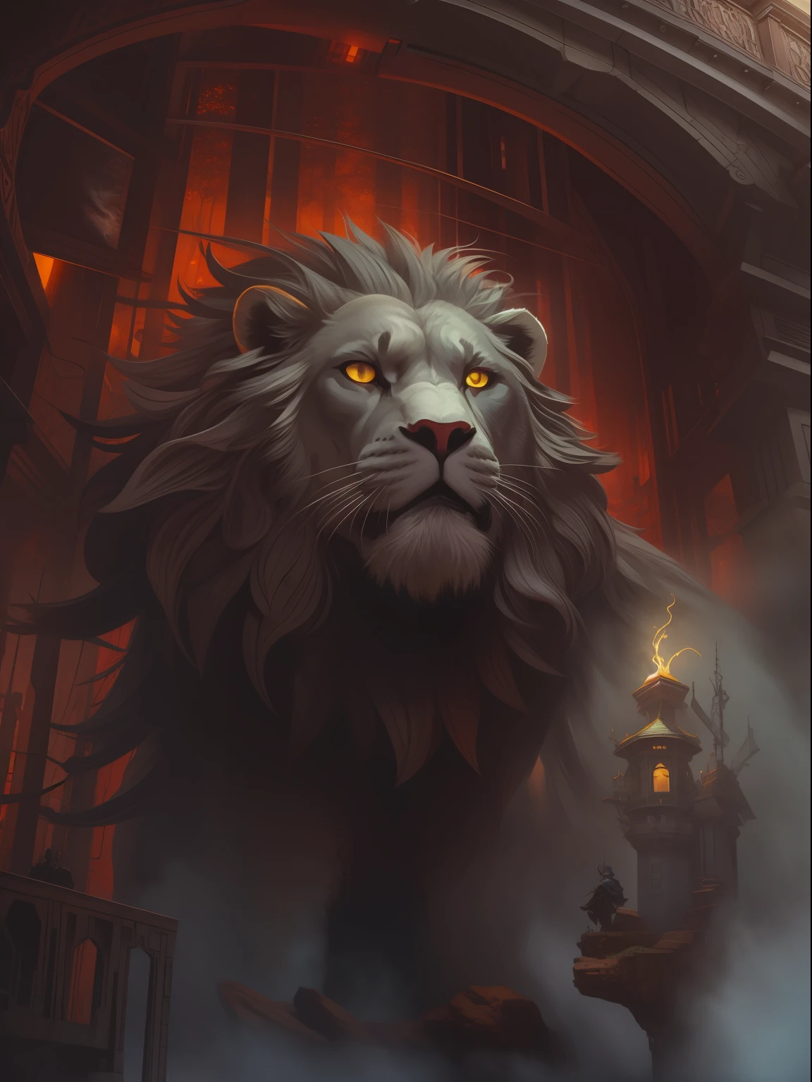 arte por cameron gray ultra altamente detalhado, 32k, foco nítido, Luminismo, Detailed oil painting, lua vermelha, detailed sky, Dark roaring lion with large giant closeup highly detailed behind it, Escalas detalhadas, Directed by: Anato Finnstark . paisagem detalhada, Aesthetics of Northern Tales, dynamic movement, grandes olhos reflexivos, Floresta, castelo, vermelho brilhante, folhas rodopiantes, Neblina esmeralda, mistic, Antecedentes complexos, dynamic lighting, Luzes, Pose intrincada, filigrana altamente detalhada, intrincado, Barroco, Escola do Rio Hudson, Thomas Cole, master part, foco nítido, diodos emissores, smoke billowing, artilharia, Sparks, Cremalheiras, unidade do sistema, motherboard, por pascal blanche rutkowski repin artstation hiperrealismo pintura concept art de design de personagem detalhado pintura fosca, 4 k resolution blade runner