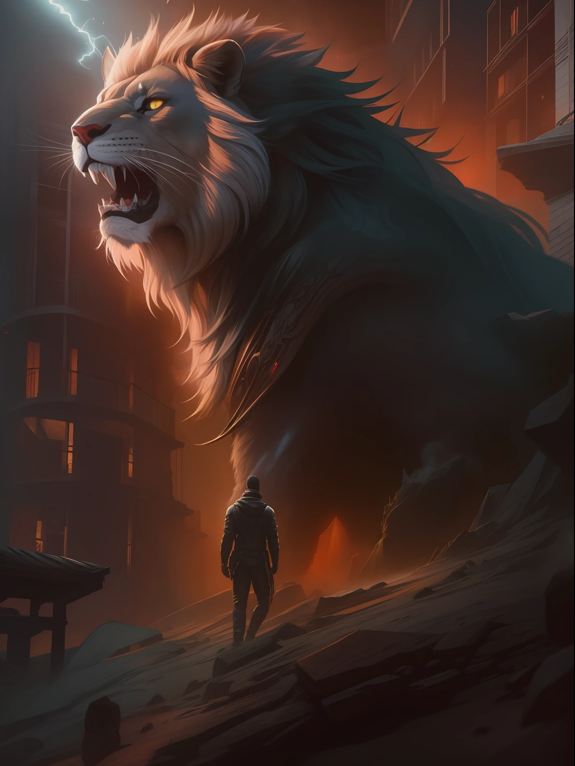 arte por cameron gray ultra altamente detalhado, 32k, foco nítido, Luminismo, Detailed oil painting, lua vermelha, detailed sky, Dark roaring lion with large giant closeup highly detailed behind it, Escalas detalhadas, Directed by: Anato Finnstark . paisagem detalhada, Aesthetics of Northern Tales, dynamic movement, grandes olhos reflexivos, Floresta, castelo, vermelho brilhante, folhas rodopiantes, Neblina esmeralda, mistic, Antecedentes complexos, dynamic lighting, Luzes, Pose intrincada, filigrana altamente detalhada, intrincado, Barroco, Escola do Rio Hudson, Thomas Cole, master part, foco nítido, diodos emissores, smoke billowing, artilharia, Sparks, Cremalheiras, unidade do sistema, motherboard, por pascal blanche rutkowski repin artstation hiperrealismo pintura concept art de design de personagem detalhado pintura fosca, 4 k resolution blade runner