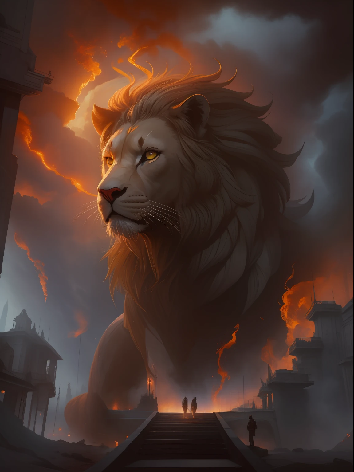 arte por cameron gray ultra altamente detalhado, 32k, foco nítido, Luminismo, Detailed oil painting, lua vermelha, detailed sky, Dark roaring lion with large giant closeup highly detailed behind it, Escalas detalhadas, Directed by: Anato Finnstark . paisagem detalhada, Aesthetics of Northern Tales, dynamic movement, grandes olhos reflexivos, Floresta, castelo, vermelho brilhante, folhas rodopiantes, Neblina esmeralda, mistic, Antecedentes complexos, dynamic lighting, Luzes, Pose intrincada, filigrana altamente detalhada, intrincado, Barroco, Escola do Rio Hudson, Thomas Cole, master part, foco nítido, diodos emissores, smoke billowing, artilharia, Sparks, Cremalheiras, unidade do sistema, motherboard, por pascal blanche rutkowski repin artstation hiperrealismo pintura concept art de design de personagem detalhado pintura fosca, 4 k resolution blade runner