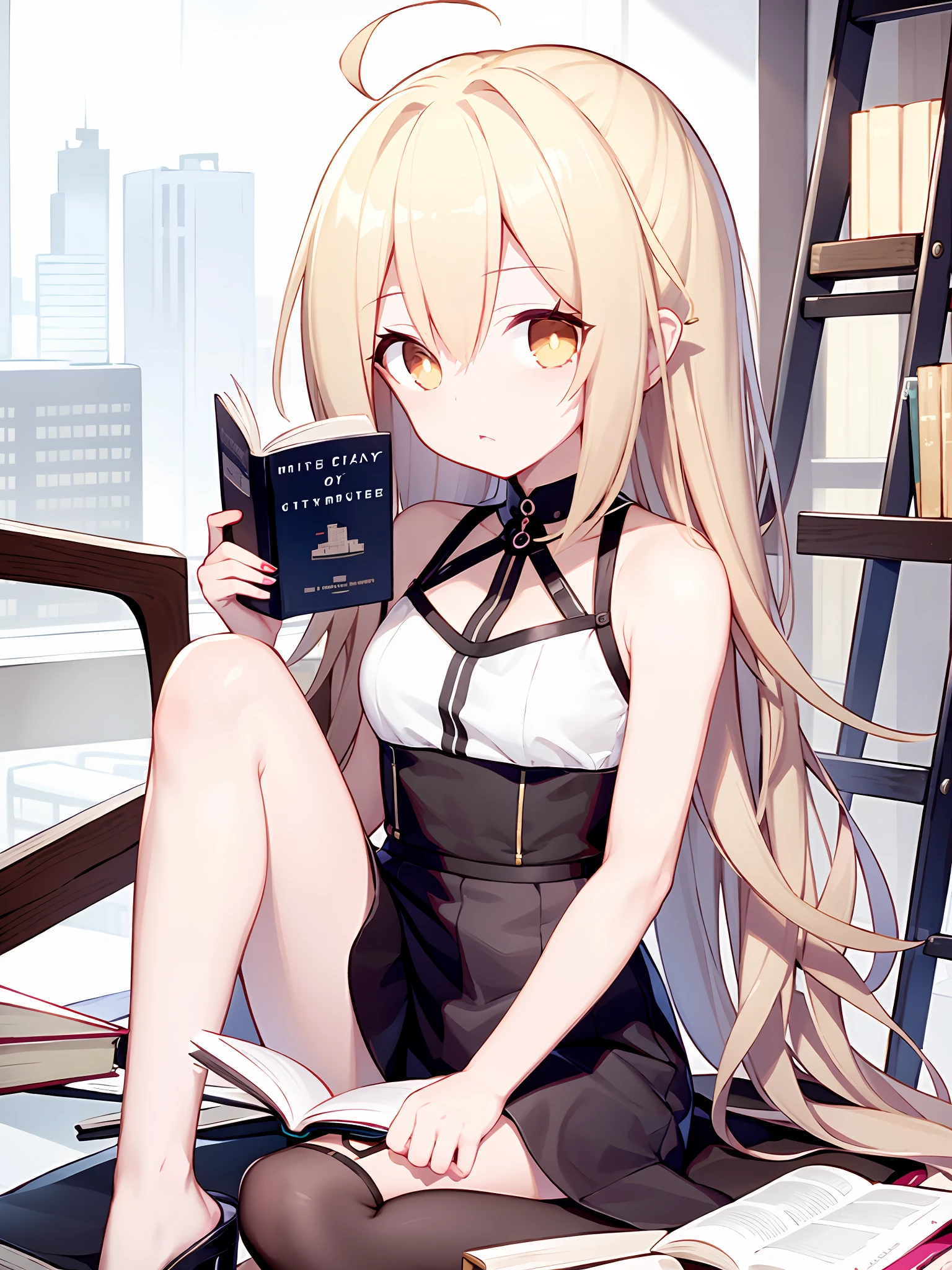 Anime girl, library, building, city, book stack, blush, book, bangs, hair ornament, bookshelf, ladder, black skirt, hairclip, holding, blonde hair, holding book, cityspace, cityscape, city view ,Medium-sized breasts, flat chest, short skirt, clothes, beautiful legs,