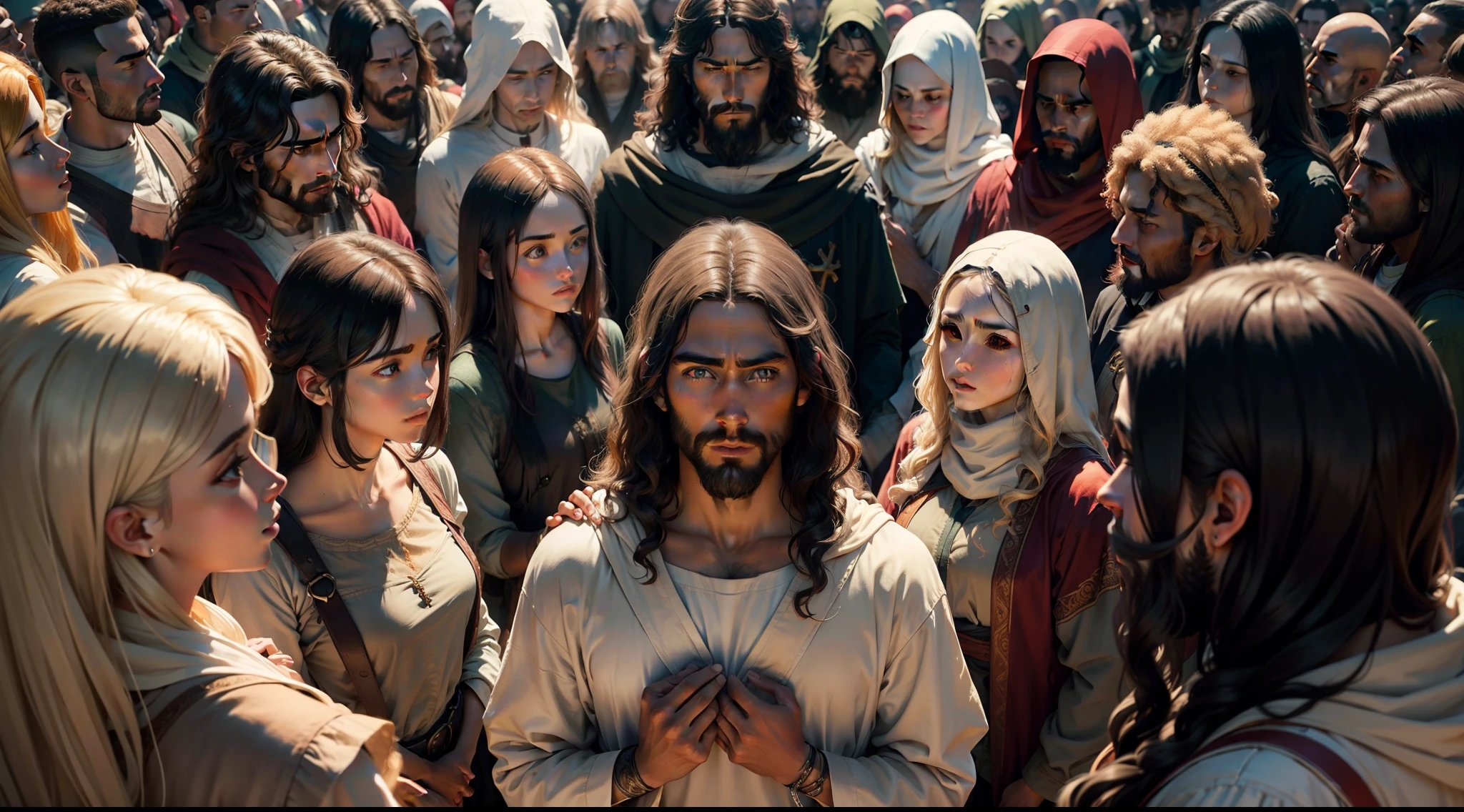 "A depiction of Jesus Christ surrounded by a diverse group of people in a meaningful and impactful way."