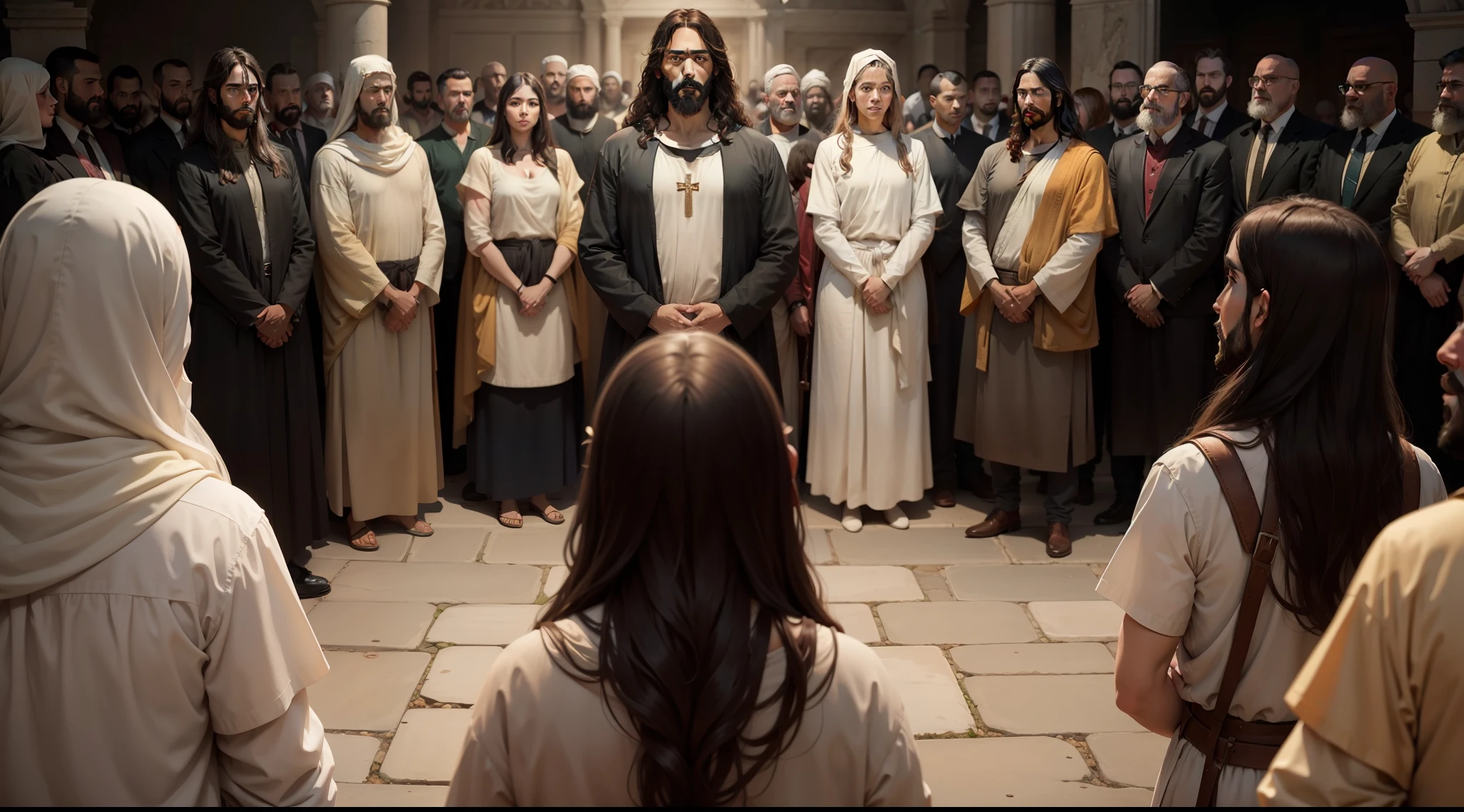 "A depiction of Jesus Christ surrounded by a diverse group of people in a meaningful and impactful way."