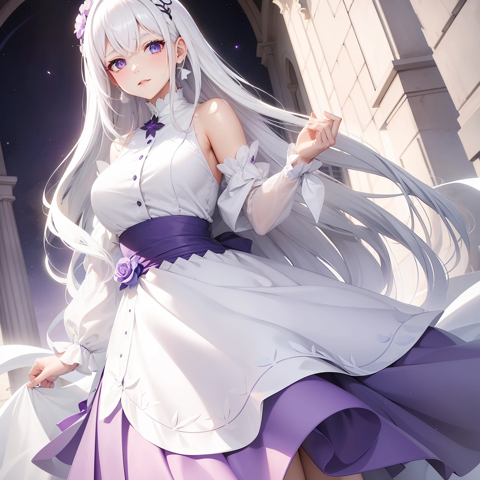 a women, white hair, purple eyes, white dress