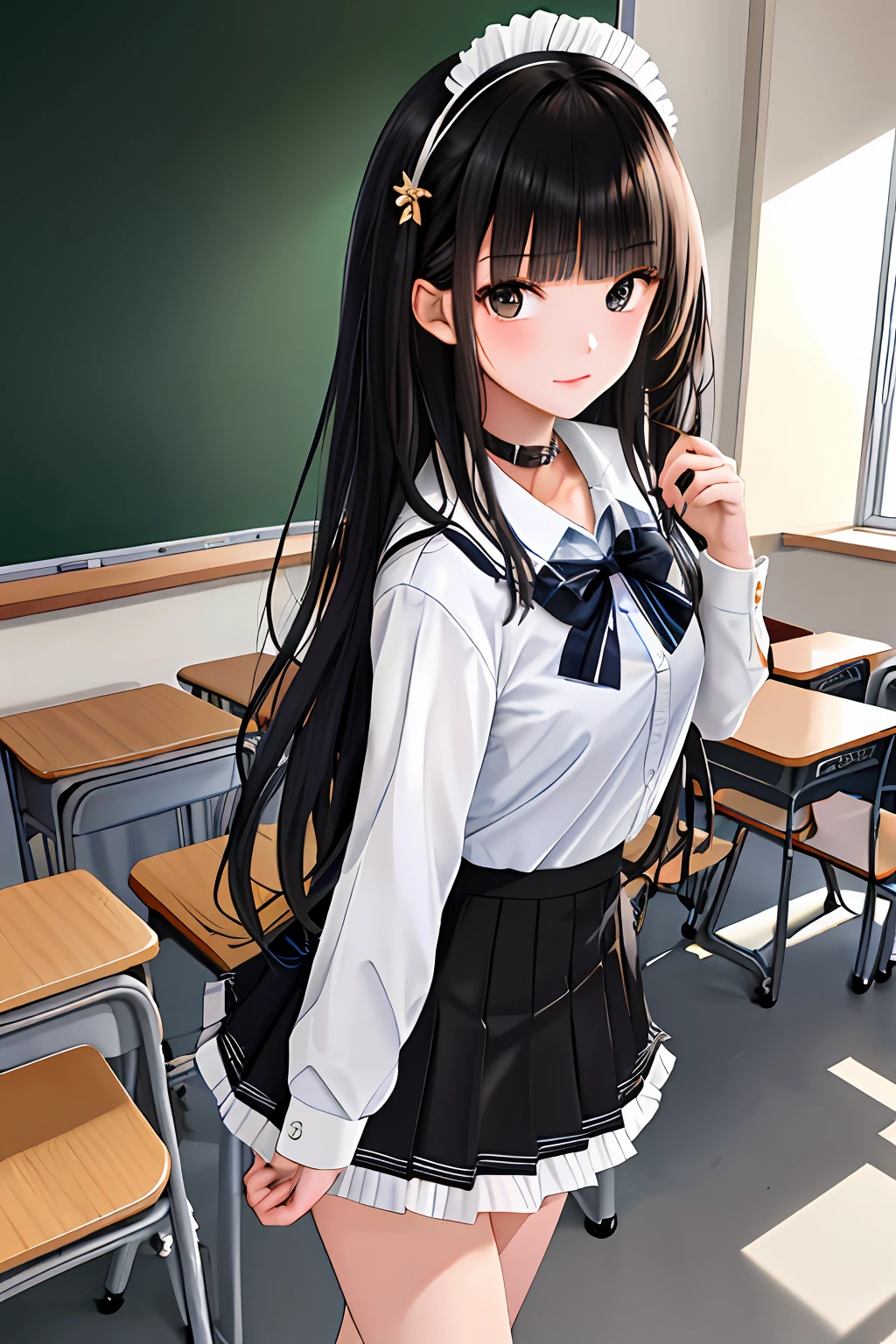 Masterpieces,Best quality,1girll,Long hair,Black hair,Blunt bangs,side locks,school uniform,Collar,Short frilled skirt,Cowboy shot:p,Tsundere,(tareme:1.2),hair adornments,shoes,Classroom, blackboards,