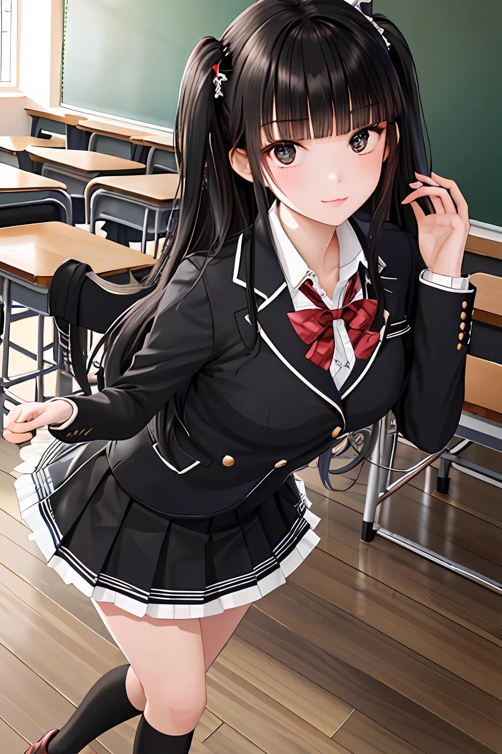 Masterpieces,Best quality,1girll,Long hair,Black hair,Blunt bangs,side locks,school uniform,Collar,Short frilled skirt,Cowboy shot:p,Tsundere,(tareme:1.2),hair adornments,shoes,Classroom, blackboards,