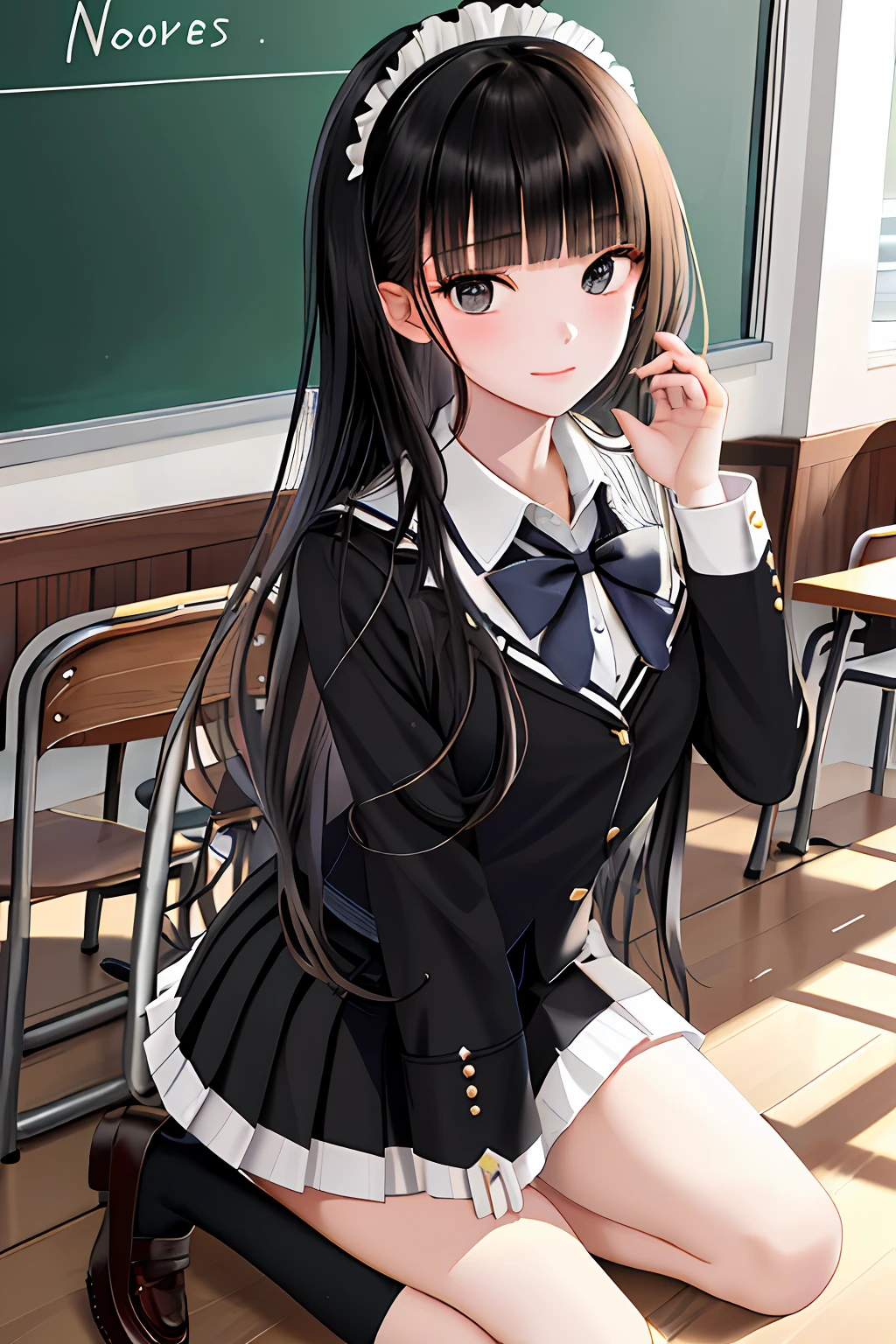 Masterpieces,Best quality,1girll,Long hair,Black hair,Blunt bangs,side locks,school uniform,Collar,Short frilled skirt,Cowboy shot:p,Tsundere,(tareme:1.2),hair adornments,shoes,Classroom, blackboards,