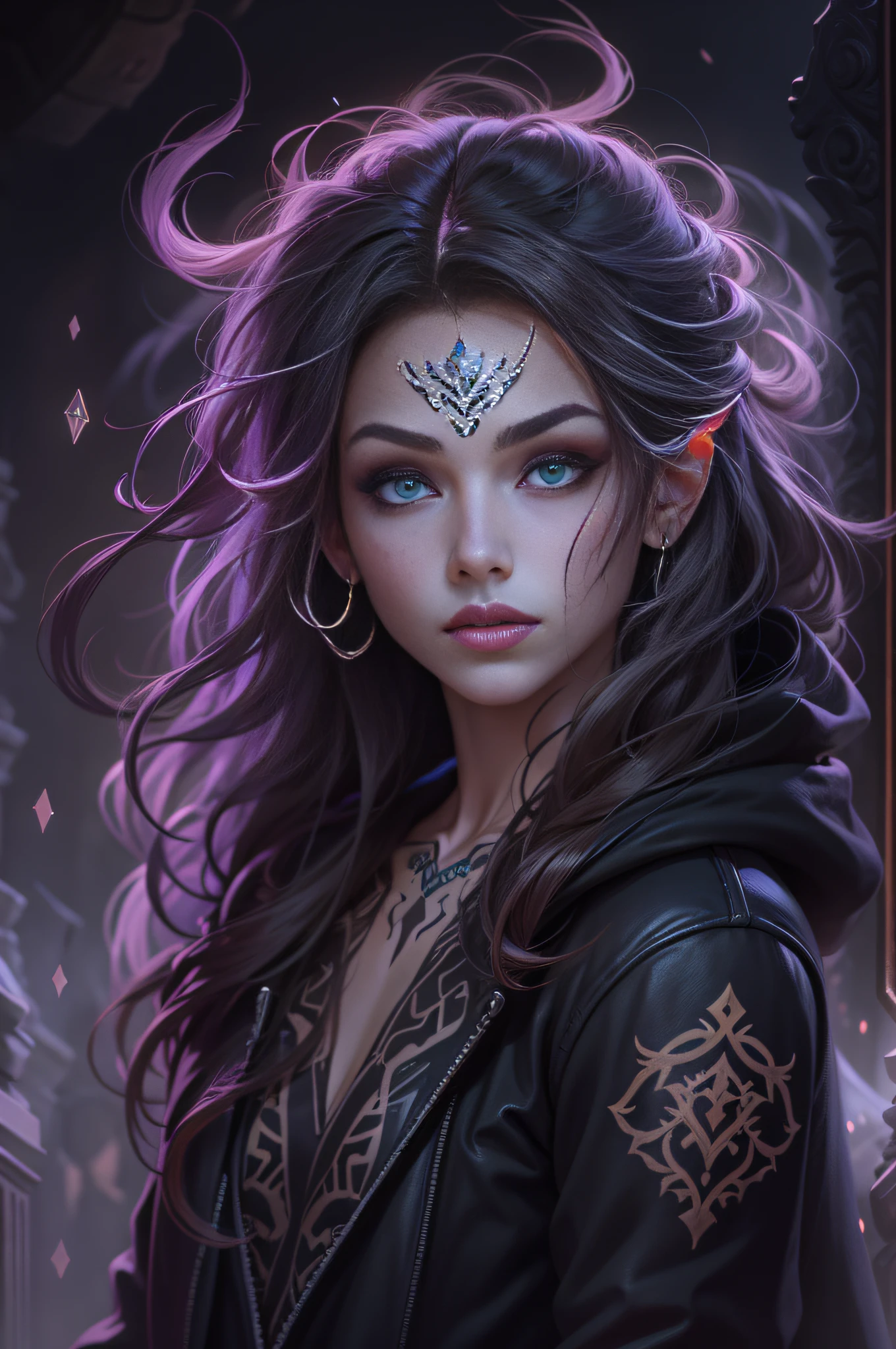 In the realm of fantasy and magic, There is a file named "Evelynn," Young witch with side hair, Wear a dark rock jacket with tribal tattoos. Her green eyes contain ancient wisdom,Gaze confidently at the audience, Exudes enchantment and seduction. The artist's sketches capture her essence with bold lines and intricate details, Bring her magical world to life.