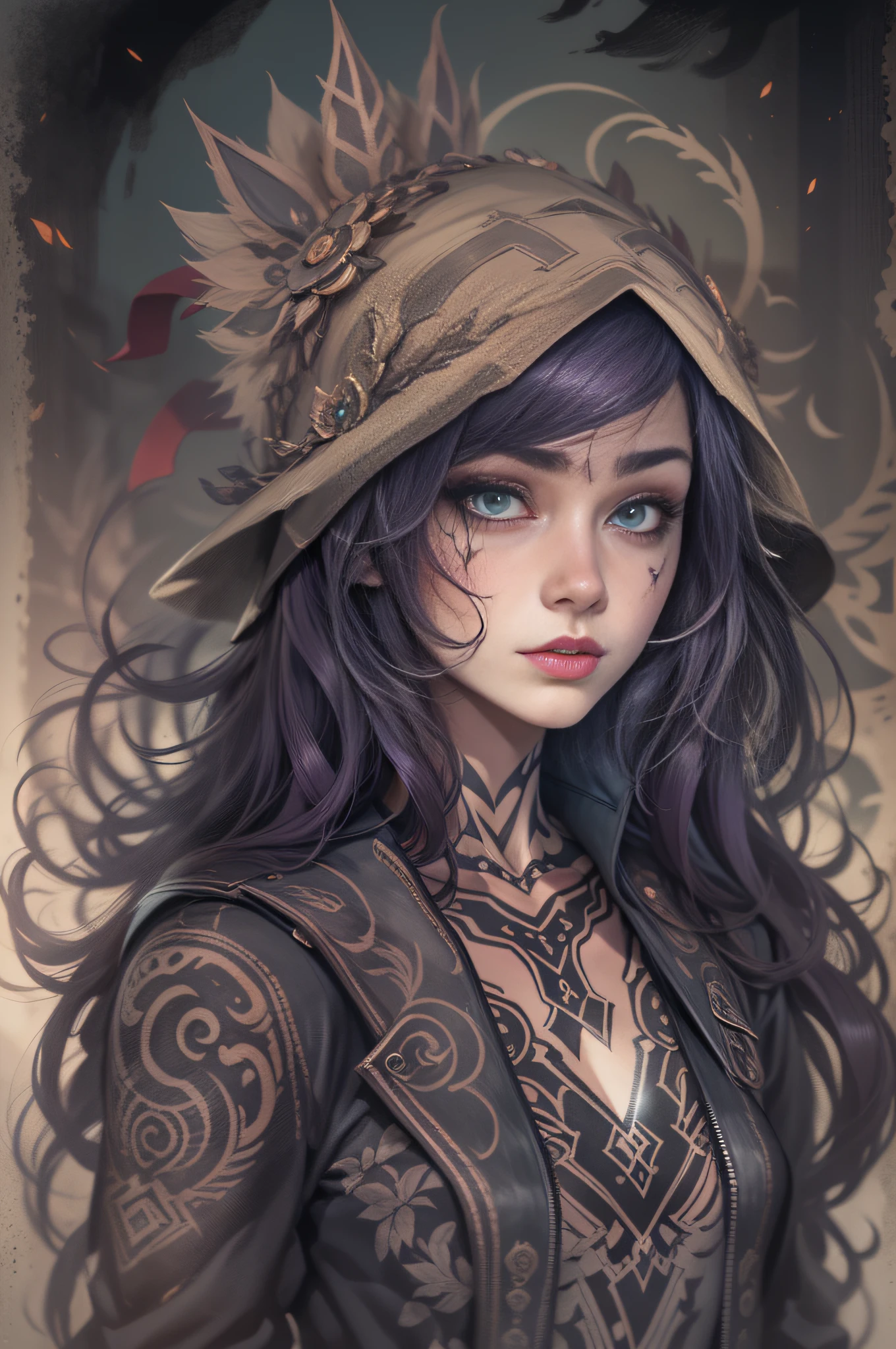 In the realm of fantasy and magic, There is a file named  "Evelynn," Young witch with side hair, Wear a dark rock jacket with tribal tattoos. Her green eyes contain ancient wisdom，Gaze confidently at the audience, Exudes enchantment and seduction. The artist's sketches capture her essence with bold lines and intricate details, Bring her magical world to life.