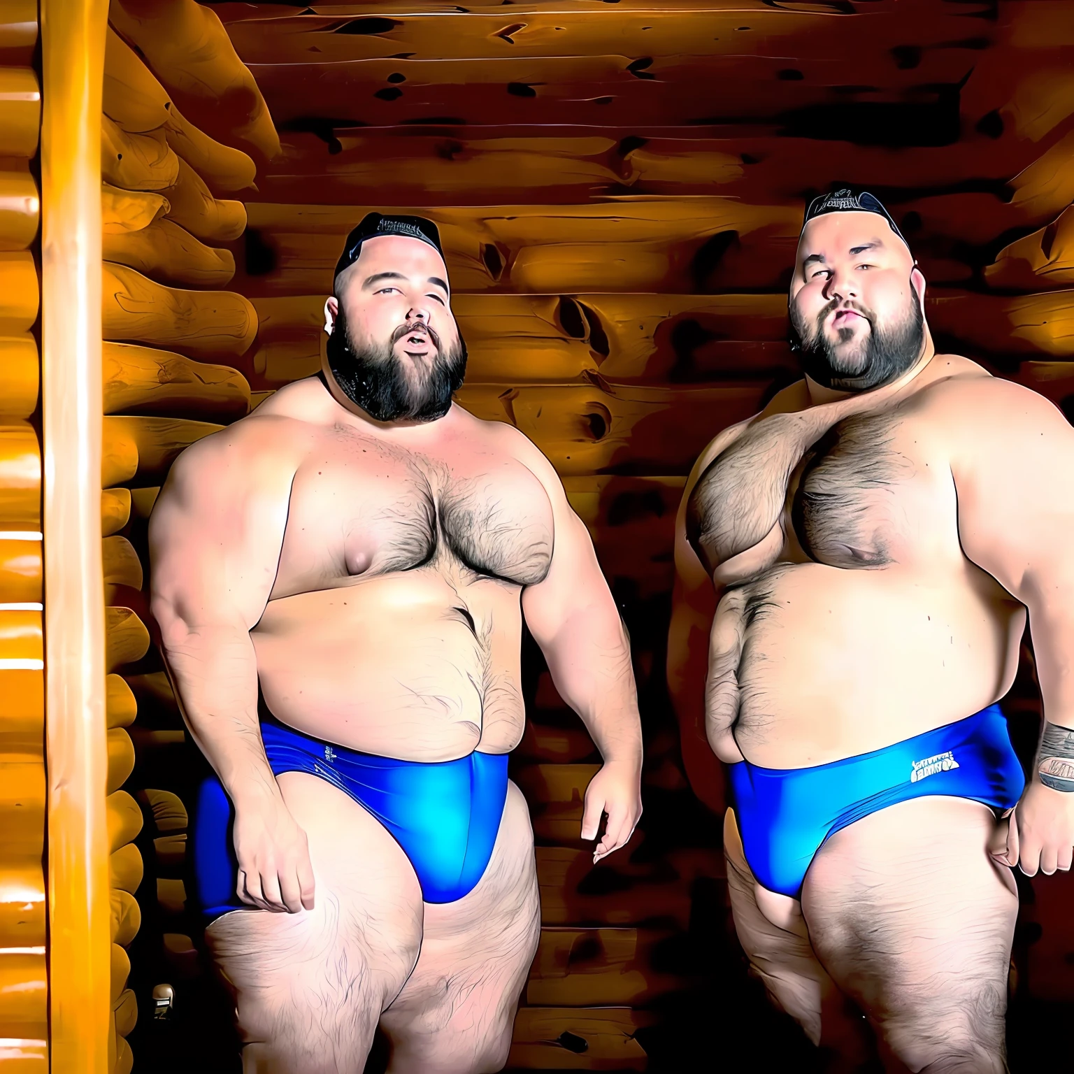 Full body photo of two identical chubby dads facing off ready to wrestle in a cabin. Doppelgangers, identical wrestlers, Speedos, big round bellies, Homoerotic.