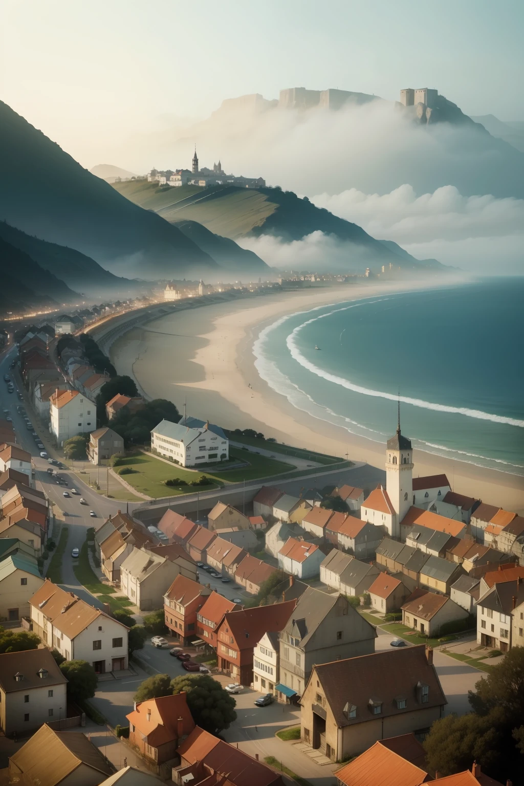 A small town from the 20s that is close to the sea that is with a lot of fog
