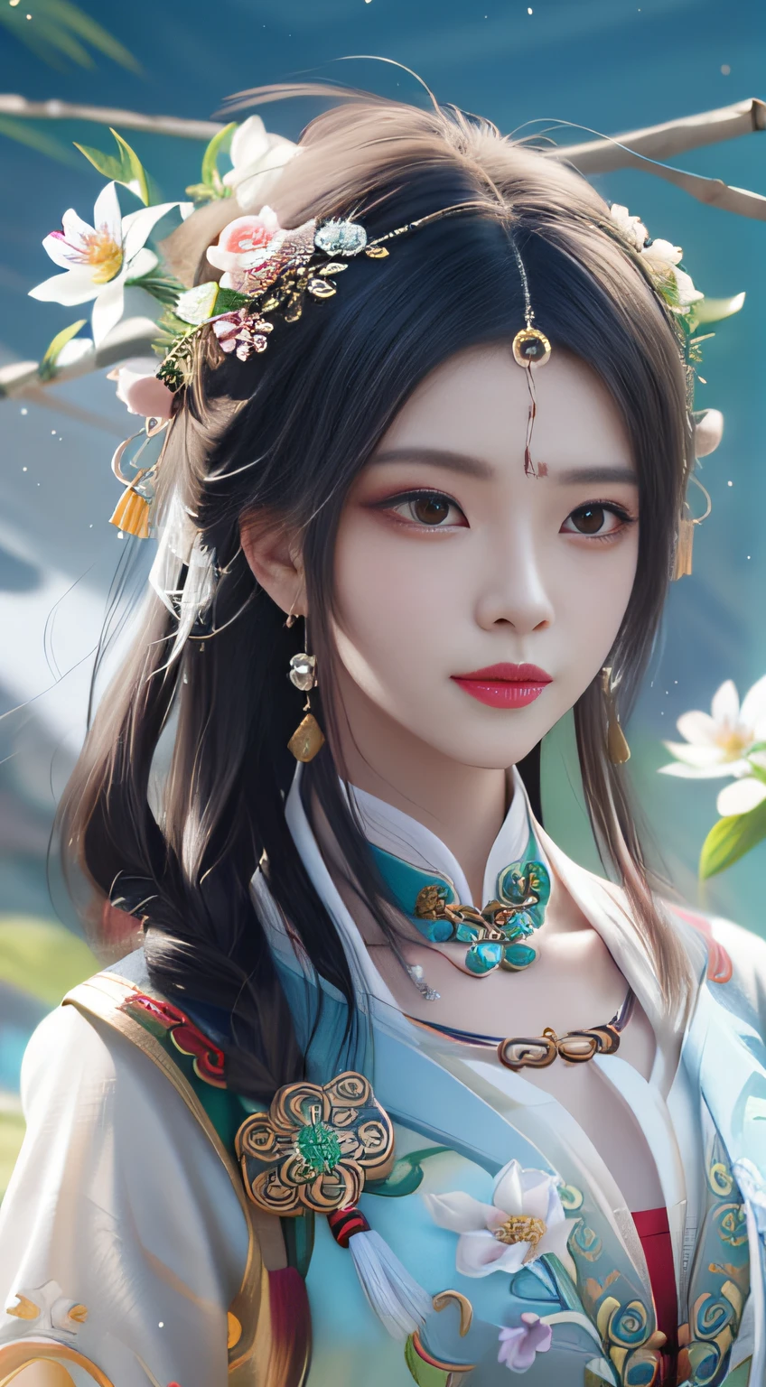 a close up of a woman with a flower in her hair, Guviz-style artwork, Inspired by Lan Ying, trending on cgstation, Inspired by Fenghua Zhong, inspired by Wu Bin, chengwei pan on artstation, Inspired by Qiu Ying, inspired by Chen Lu, inspired by Yanjun Cheng, Guviz