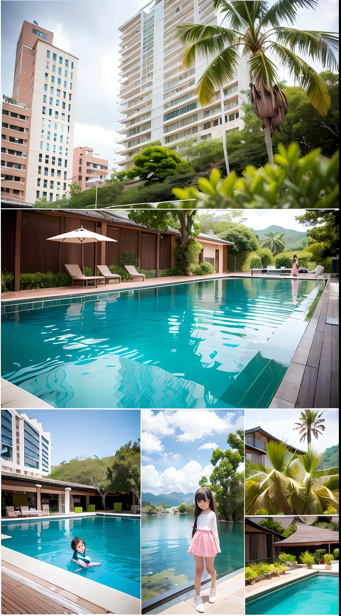 180-storey infinity pool,The tallest building in the city's forest,Sports Center,Bonsai around,Luo Han Song,coconut palms,coconut crab,tulips,Rose flower,Tease the alpacas to play,There were five girls wearing openwork translucent stockings,Pouting and smiling,is shy,Pout,Pink, gold, White, Blue, Five colors, Two-tailed hair and cyan eyes,Anime littlein servant costume