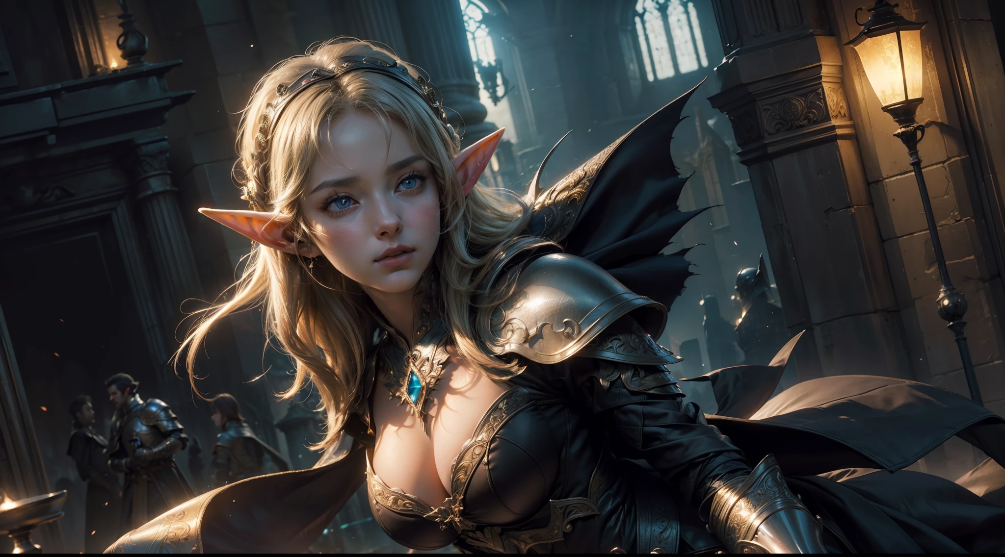 (Masterpiece:1.21), (Best quality:1.331), ((Ultra-detailed)), ((extremely best illustration)), ((Amazing)), (hyper qualit), Gorgeous and rich graphics, (Extremely delicate and beautiful:1.21), 8K, the wallpaper, (extremely beautiful lighting), hard light, Delicate composition, (Perfect positioning), (extremely beautiful and detailed background:1.21), Rembrandt style expression of light and shadow, Dark tone, (Low profile, high differential color levels), ((Depth of field)), deepshadow, Radial blur, (City lights, The background is blurred out), (1 female elf),(Beautiful detailed eyes), looks into camera,((half-body shots)),Large breasts,Complex leather armor,Glowing sword,The background is a medieval city,Fighting posture,dramatics