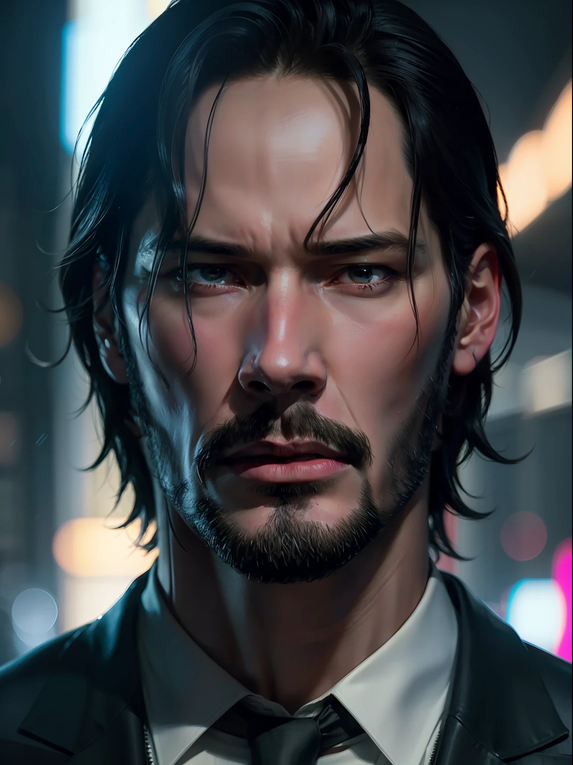 Keanu reeves John wick frontal half body portrait, full head, cold neon lights, neon noir, ultra detailed, photorealistic, masterpiece.