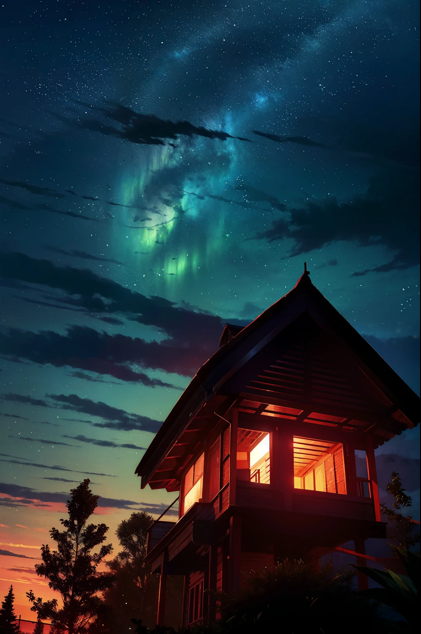 um campo aberto com grama alta. No centro do campo, Draw a majestic tree with extended branches. In the night sky, desenhe uma lua grande e brilhante. Fill the sky with several twinkling stars, espalhando-os aleatoriamente. Para adicionar um toque extra, You can add a small picturesque hut next to the tree, with smoke billowing from the chimney and lights on inside